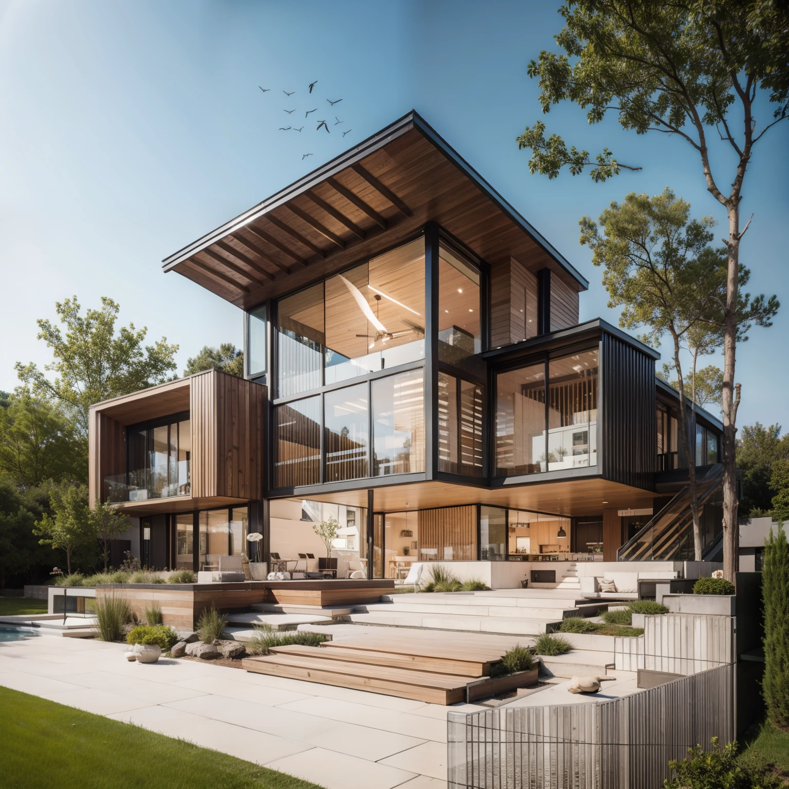 RAW photo, subject, 8k uhd, dslr, soft lighting, high quality, film grain, Fujifilm XT3, Realistic, Masterpiece, A modern architecture, simply facade, walkway, tree, road, stone, glassese window, daylight, clear sky