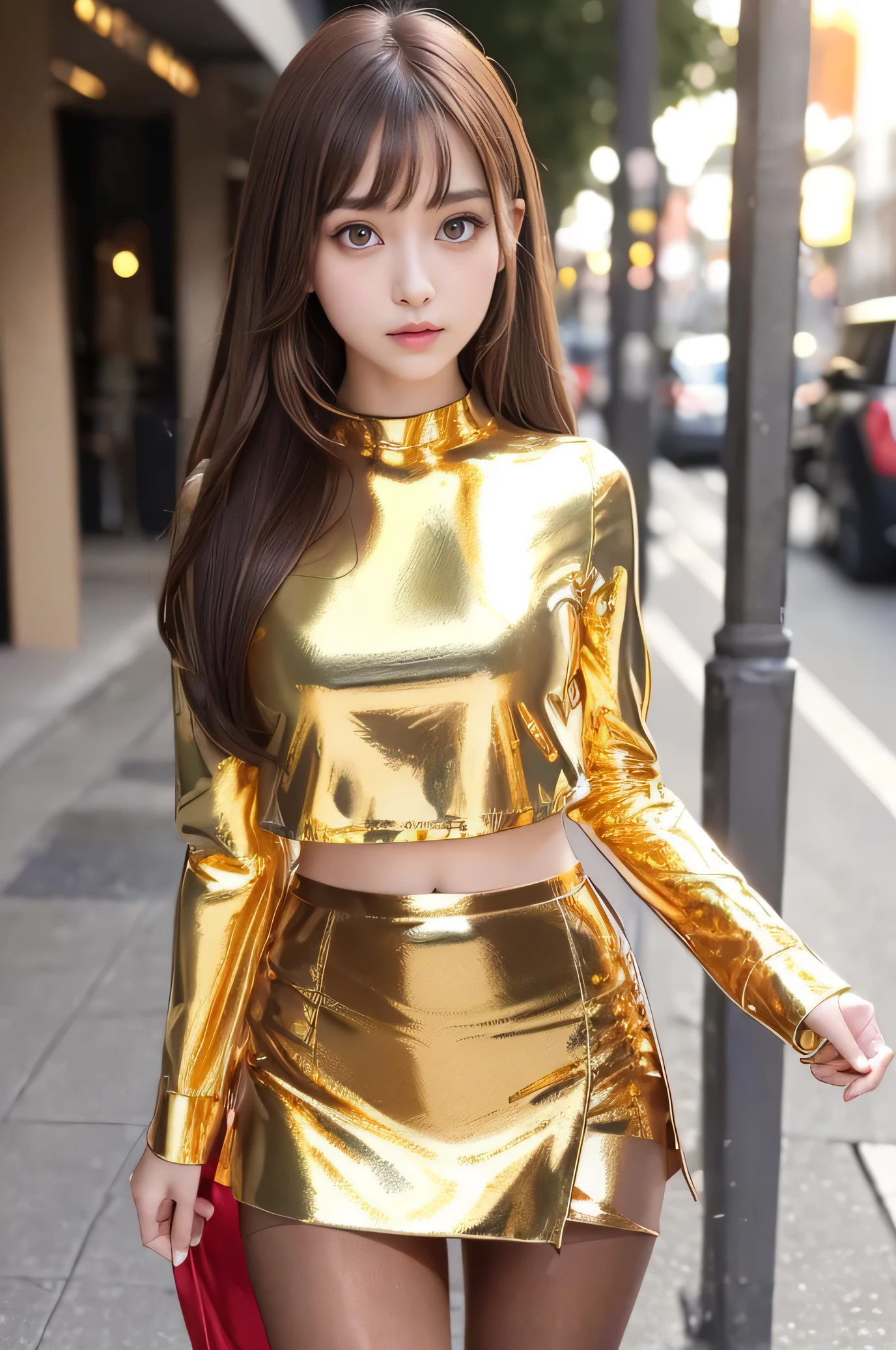 Angelic Very beautiful cute girl,11 yo,
Beautiful detailed eyes, 
Detailed double eyelids,
(Large eyes:1.4),
Long straight brown hair, 
see-through bangs,
Sharp Focus,small straight nose,
beautiful detailed face and eyes, 
drooping eyes,
(Soft Saturation: 1.3), (Fair skin: 1.2),BREAK  (Super Shiny metallic gold tight mini skirt:1.4),
( Super shiny Metallic red fashionable long sleeves tops:1.4) , (Super shiny pantyhose:1.4) ,(costume with strong refrective surfaces:1.5), Walking,
Costume lighting,
In the street ,
(Brown hair:1.3)