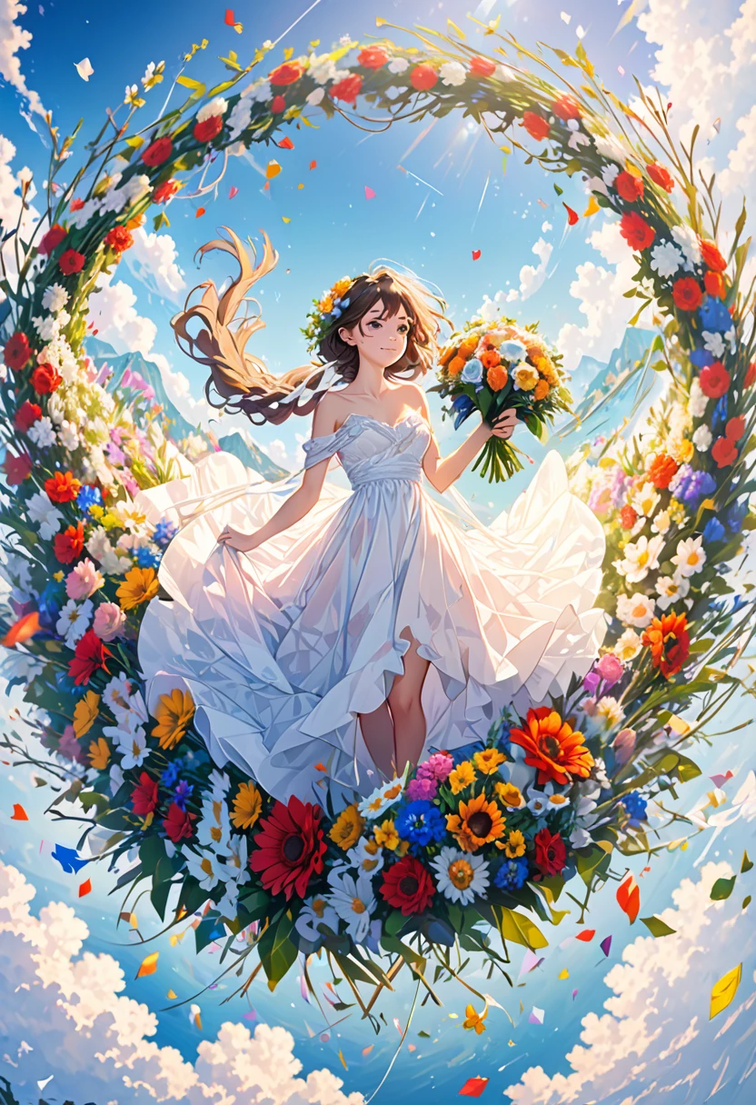 (ultra-detailed background, detailed background), disorganized, High resolution, super detailed, very detailed, 1 girl, (bouquet:1.3), (tangled:1.2), (geometric:1.2),(colorful),beautiful naked、full body、floating、