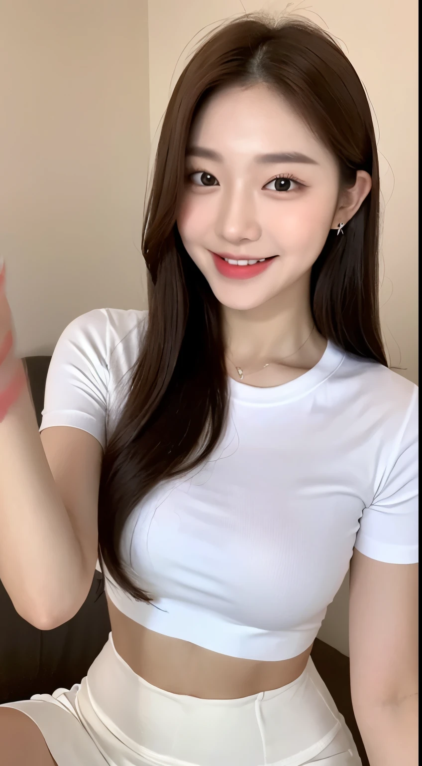white tight shirt、white tight mini skirt、bed、smile、short sleeve、high resolution、Korean idol face、double eyelid、white teeth
