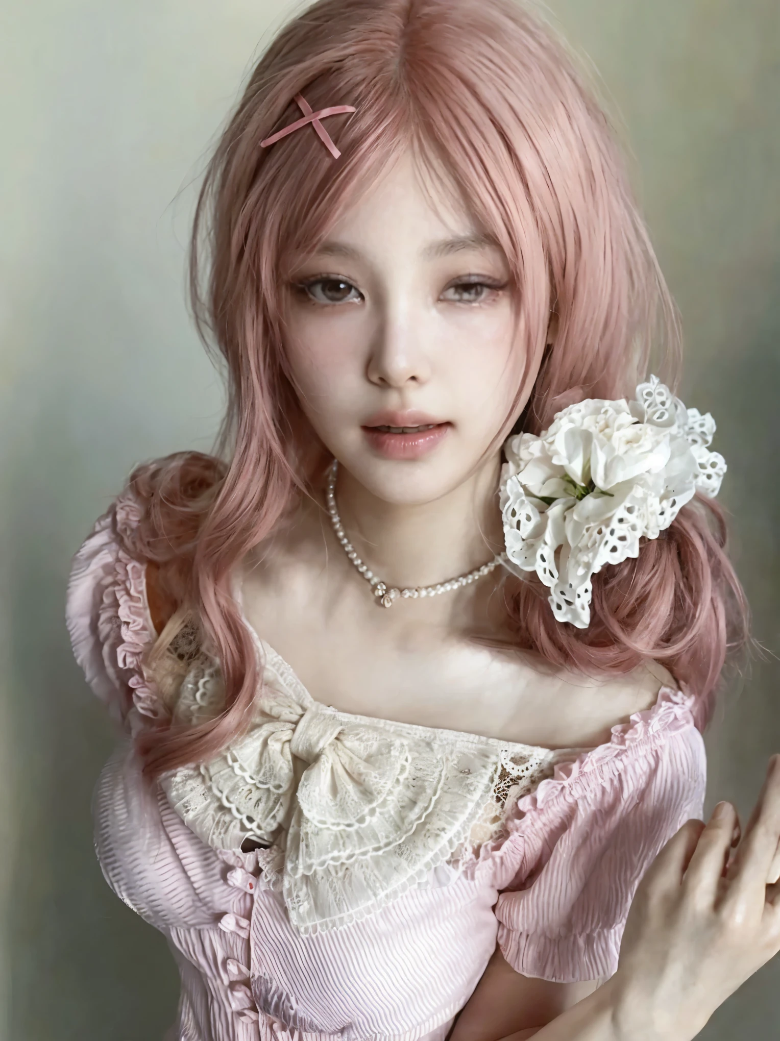 a close up of a woman com cabelo rosa and a flower in her hair, garota de anime na vida real, Bela Delfina, retrato realista kawaii, cosplay de anime, pale porcelain white skin, cosplay realista, cosplay de anime, linda garota com cabelo rosa curto, anime hiper realista, jovem anime realista, coelhinha doce ultrarrealista, com cabelo rosa, porcelain pale skin