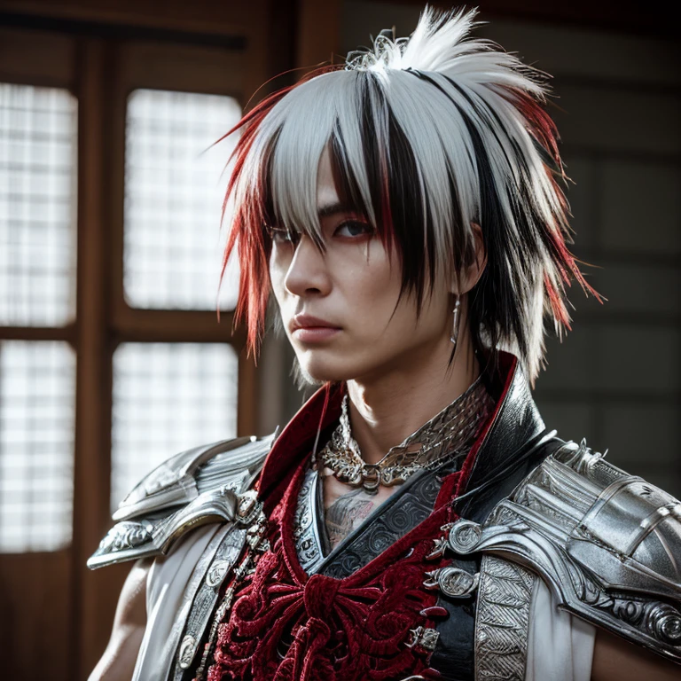 1 man, Japanese man, male, Asian eyes, muscular, broad shoulders, dragon,hairstyle Visual Kei style, hair Visual Kei, outfit H.R. Giger white,  ultra detailed face, hyperrealistic, realistic representation, 30 years old, ,age 30 years