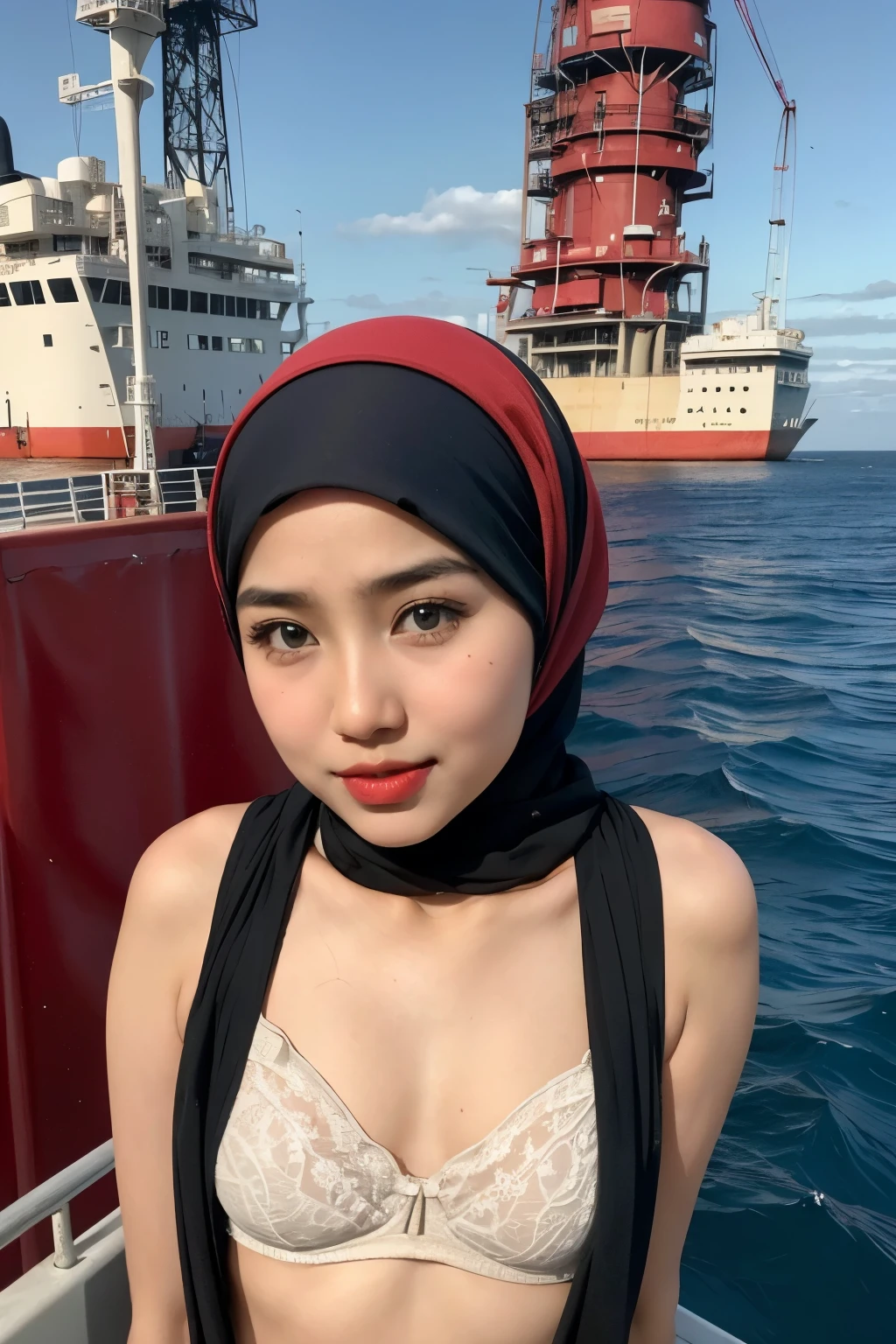 (Wearing Lingerie Top Suspender), (((HIJAB MALAY GIRL))), masutepiece, High quality, UHD 32K, Realistic face, Realistic skin feeling , A Japanese Lady, 8 years old, , Very cute and baby-like face, (((FLAT CHEST))), (MATRIX WORLD), ((look In front  at the camera and SADNESS)), (((CUTE GIRL))), ((RED LIPS)), ((CHUBBY)), (undress, work welding iron on the oil rig , oil rig in the middle of the ocean 