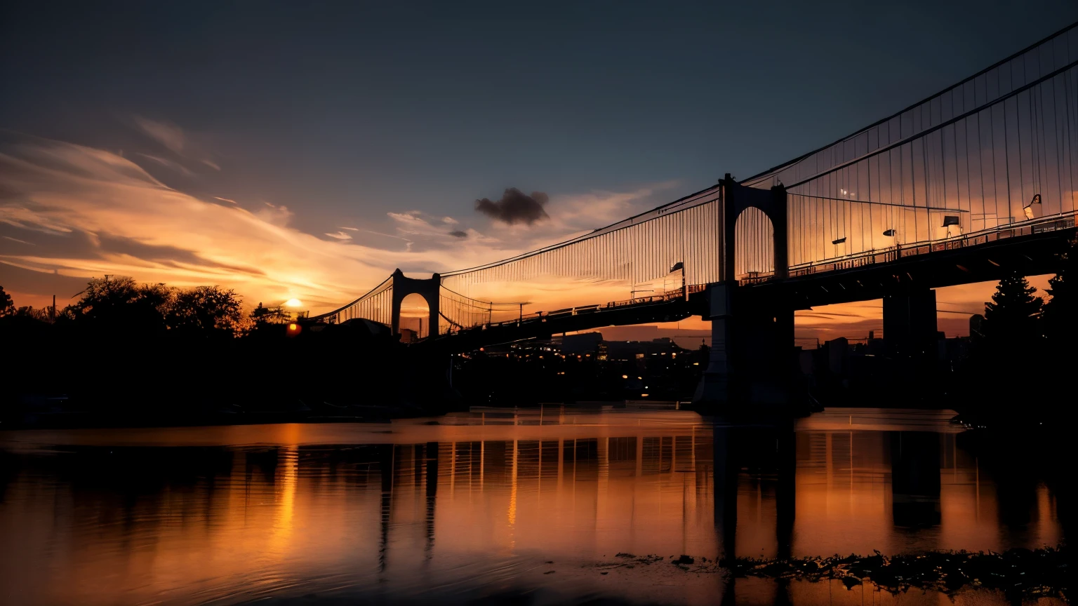 tech noir, masterpiece, best quality, 8k wallpaper, super detailed,
low saturated colors, Simple and neat design, Dark and moody atmosphere, breathtakingly beautiful,
subtle accent light, background only,
A beautiful wallpaper featuring the sunset sky and the silhouette of a suspension bridge., The setting sun reflects on the water