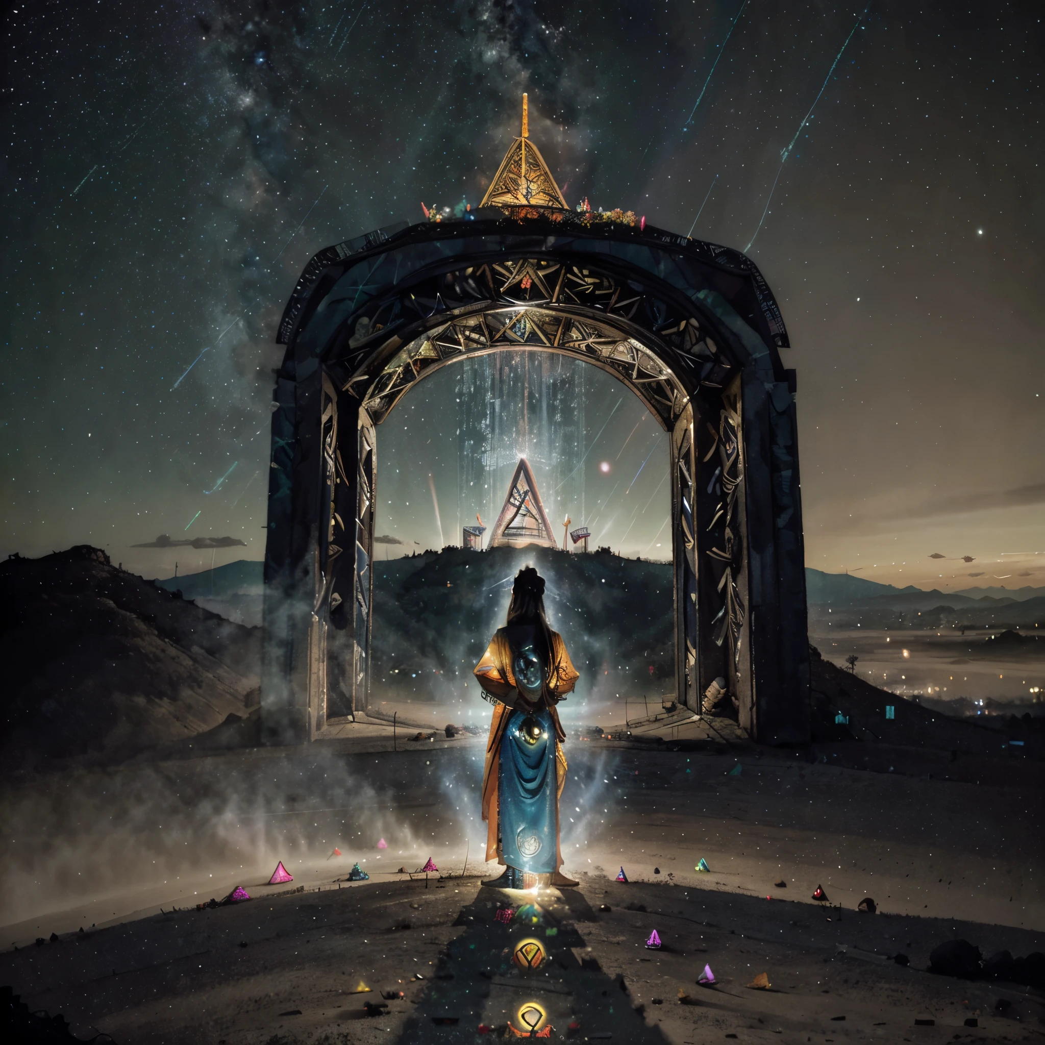 Cristo salvador entre un mundo apocaliptico saliendo victorioso en un desierto tipo cyber punk art abstracto tipo efecto de dmt sagrado representacion de lmal contra el bien en la vida y el mundo em el que vivimos como naturaleza piramides y simbologia sagrada meditacion chakras