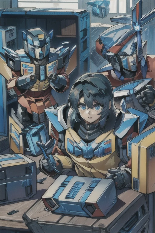 masterpiece, highest quality, (Many transformers-), (A perfect and pretty human female face), All of the bodies have their internal skeletons exposed except for their faces., None of them are wearing exoskeletons., Everyone is showing off their bodies, lively, colorful, Inside the maintenance workshop, Under maintenance, Wide scree-The, 背景の整備中のAutobot, master piece, multiple, Some are in the process of transforming into beagle mode for planes and cars., Autobot, (6+transformers:1.9)