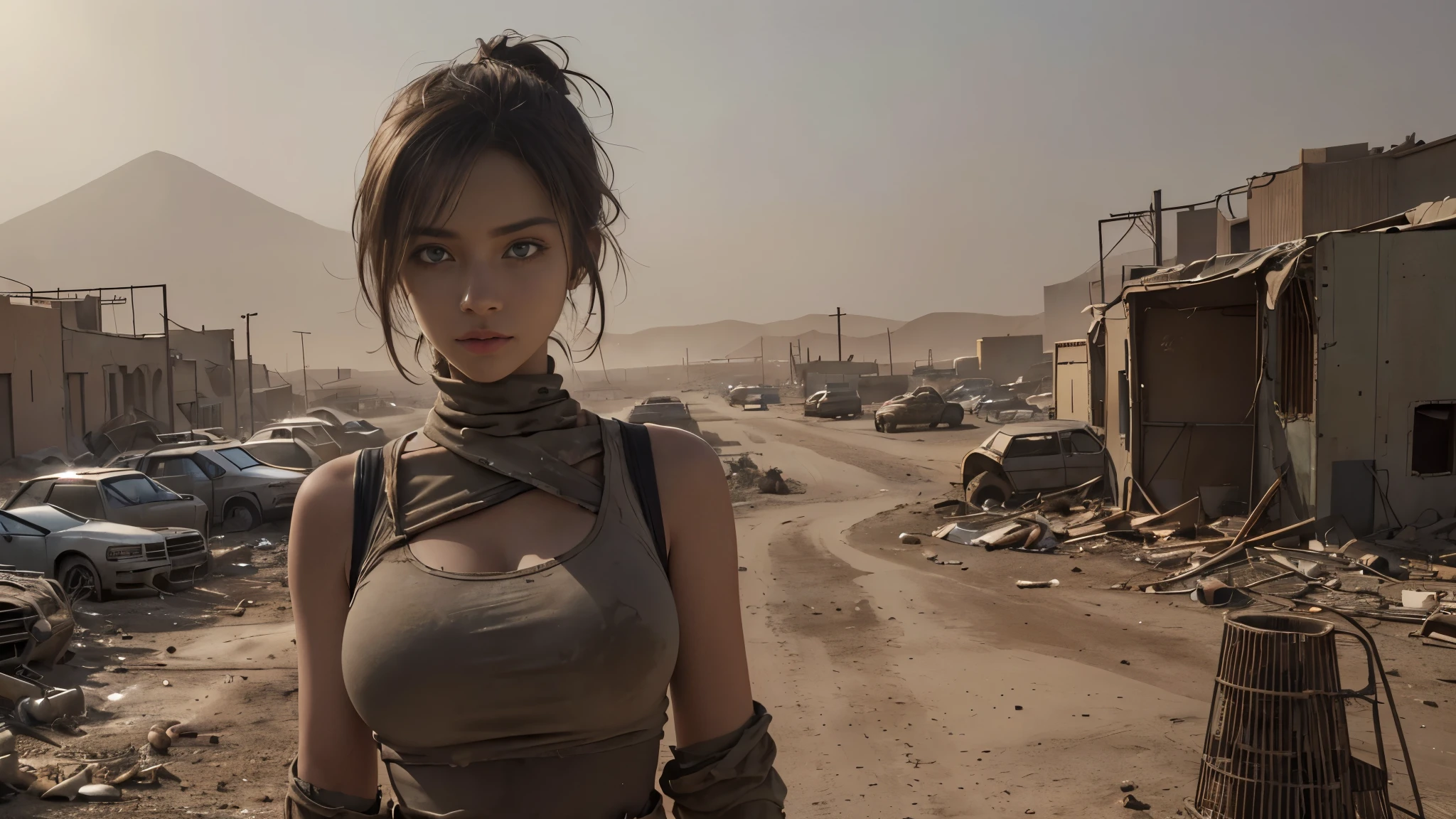(Super detailed,best quality,high resolution:1.2),(actual:1.37),post apocalyptic,Desert wasteland,barren landscape,city ruins,sandstorm,Fierce sunlight,dusty atmosphere,War-torn,tattered clothes,,dystopian,desolate,futuristic,severe,Gritty,full of action,faded color,dirt, dusty, it's foggy, evening sun,dazzling lights, (a girl, Detailed face, sexy, big breasts), pastel colors, dirty, dusty, actual lighting and shadowing, high resolution, Super detailed, ung girl,Cinema-level lighting effects,(medium distance lens)