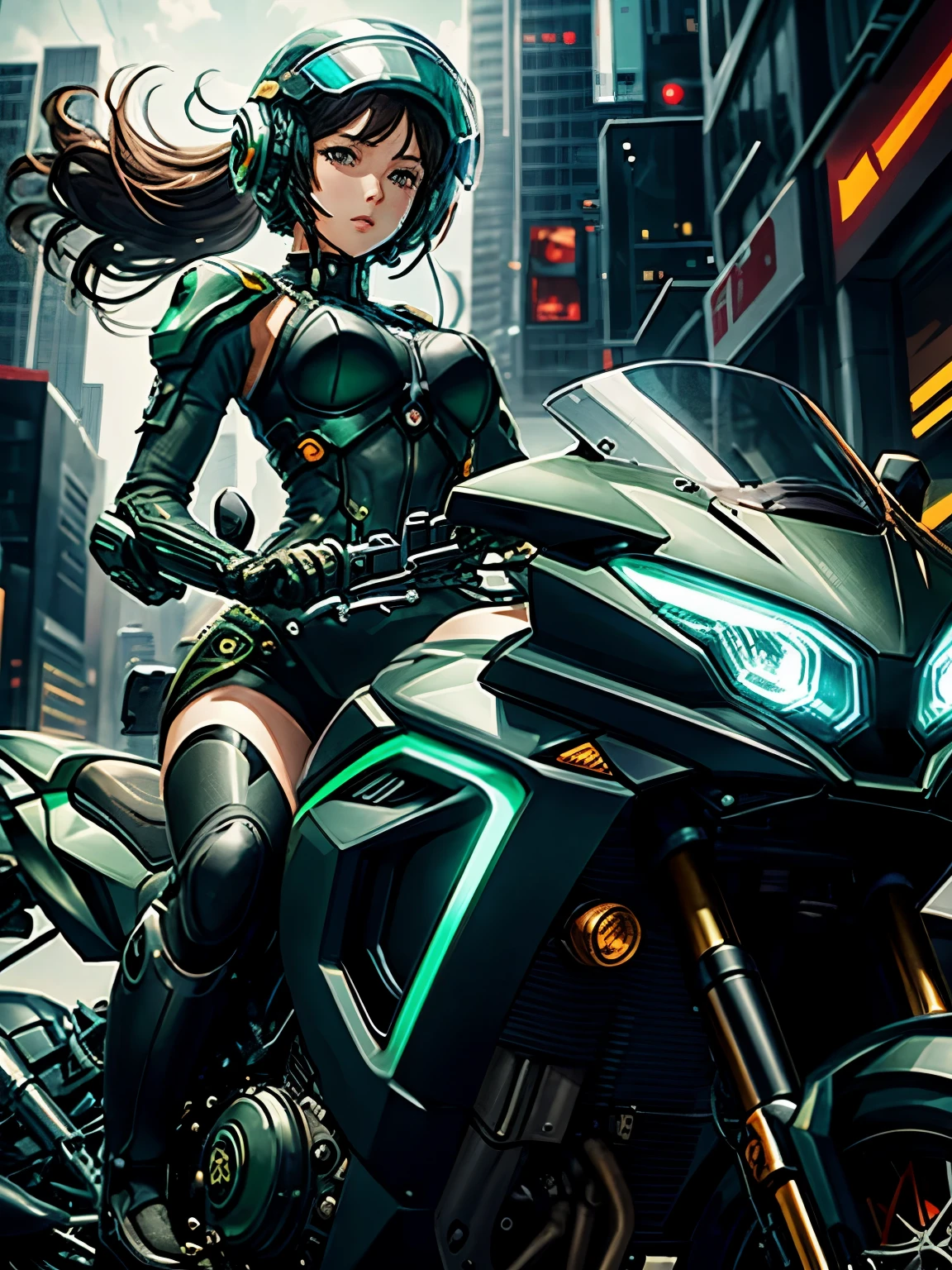 Highest image quality, Excellent details, ultra high resolution, (realism: 1.4), best illustrations, Offer details, Highly concentrated 1girl, Has a delicate and beautiful face, Wearing black and green mecha, Wearing a mecha helmet, holding direction controller, riding a motorcycle, The background is a high-tech light scene of a futuristic city.