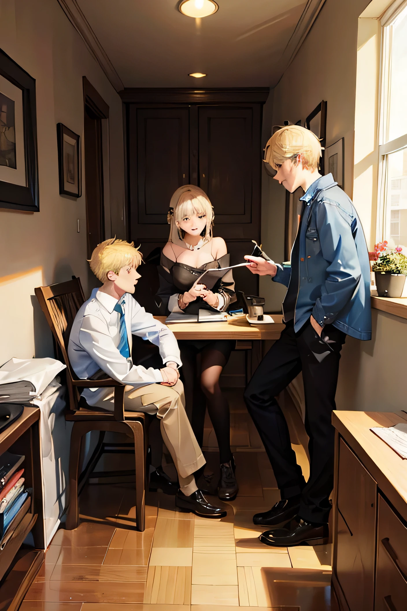 three people，An old couple and a boy，17 years old，blonde，Three people talking
