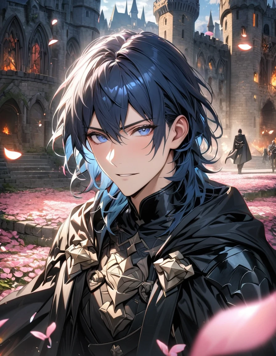 absurdres, highres, ultra detailed, HDR), master piece, best quality, Byleth, dark blue hair, expressive blue eyes, 1man, handsome, Fire Emblem Three Houses, castle, pink petals, pink flowers, pink butterflies, black cape, black clothes