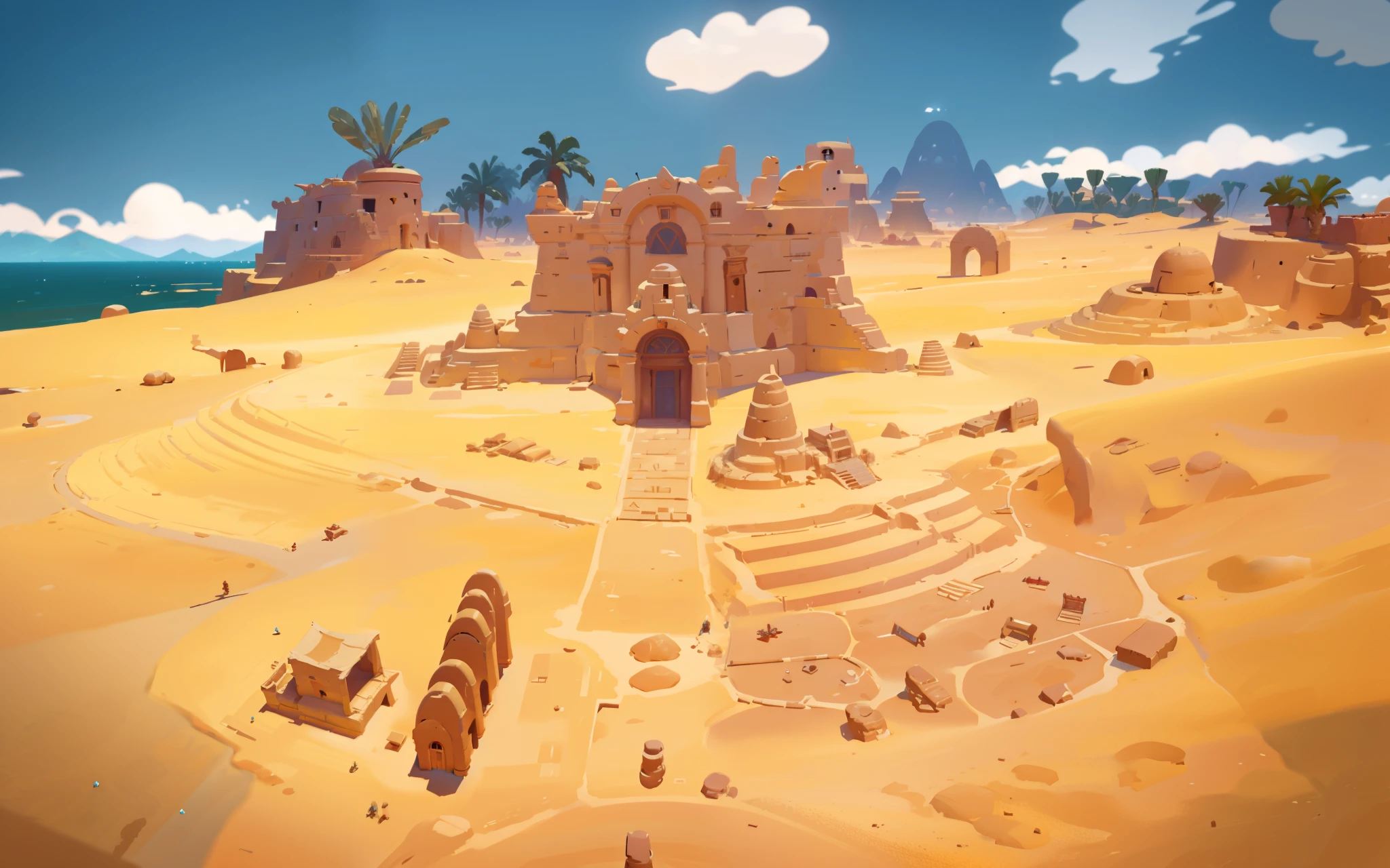 There are desert scene Egyptian architectural ruins, background art, Painted into game concept art, Stylized concept art, Background art, Desert Environment, Architectural Heritage Background, Digital Painting concept art, concept art, Sand and Desert Environment, concept art Style, Architectural Heritage, 2d concept art, Desert Wasteland, Environment, Landscape game concept art