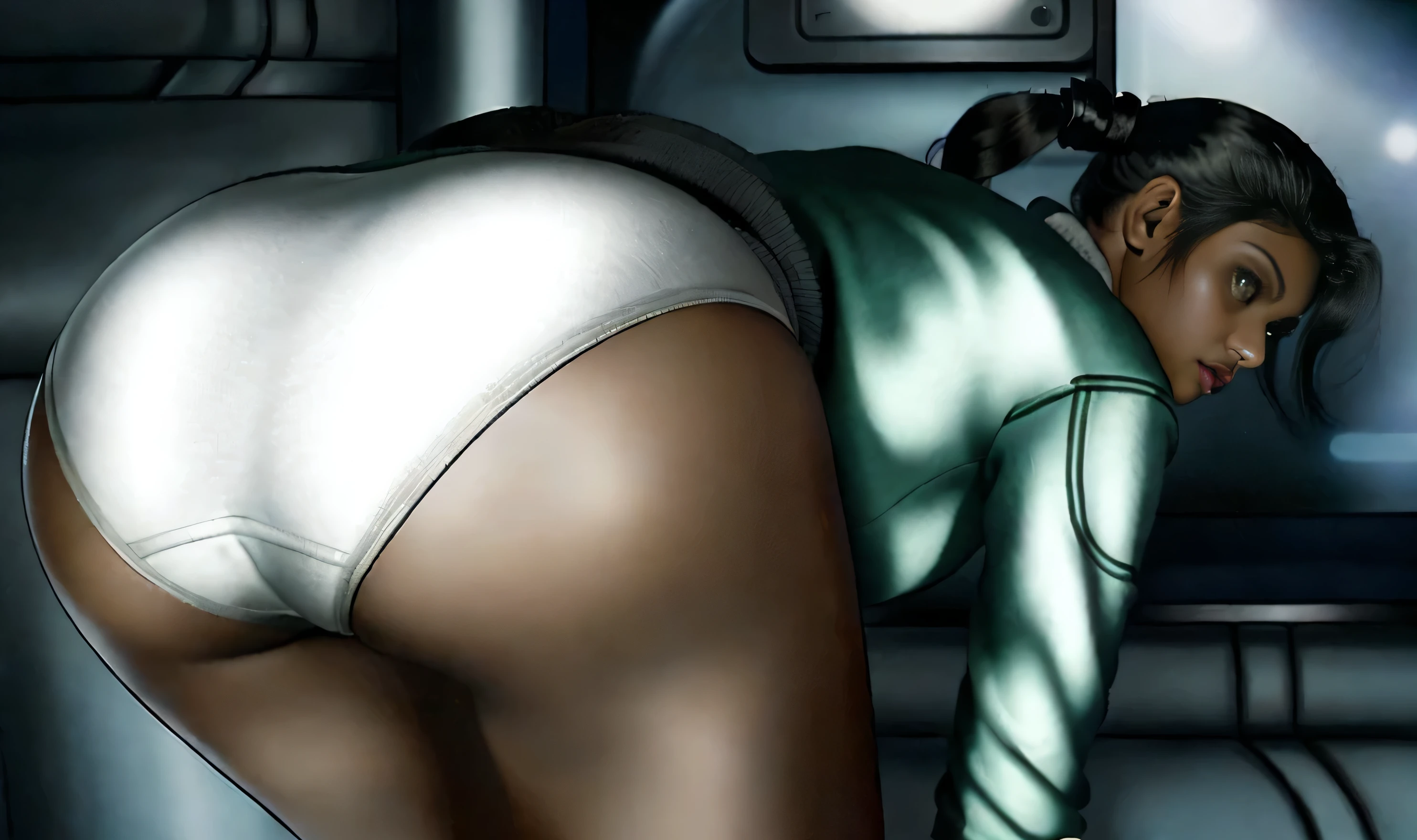 ((masterpiece, best quality)), ((30 year old)), ((Curvy)), ((Indian woman with long black ponytail)), in green sweater, ((white cotton panties)), (((bending over))), ((Large butt)), (on a spaceship), (((photo realistic))), ((90's film, 90's movie scene, 90's TV Style))