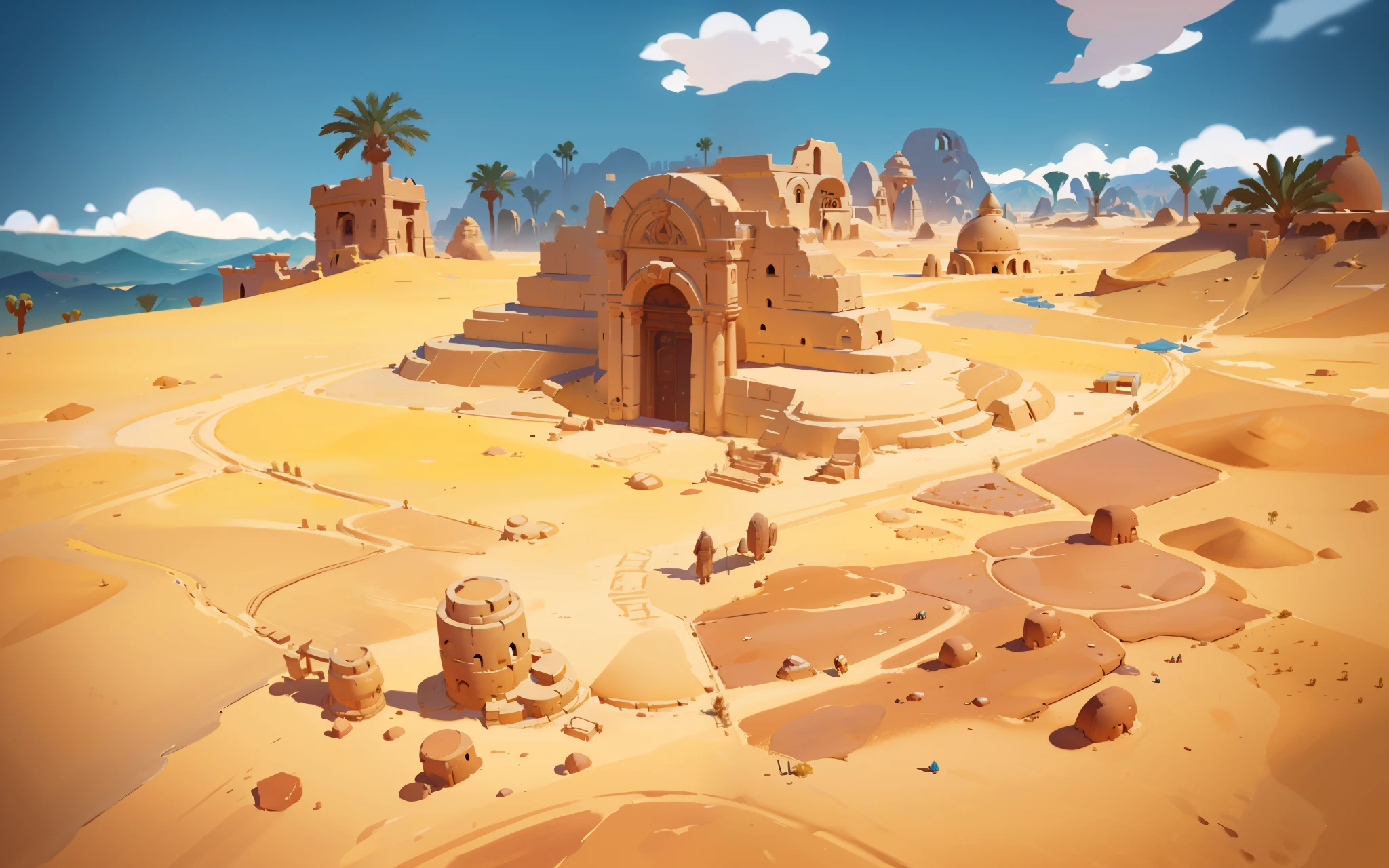 There are desert scene Egyptian architectural ruins, background art, Painted into game concept art, Stylized concept art, Background art, Desert Environment, Architectural Heritage Background, Digital Painting concept art, concept art, Sand and Desert Environment, concept art Style, Architectural Heritage, 2d concept art, Desert Wasteland, Environment, Landscape game concept art