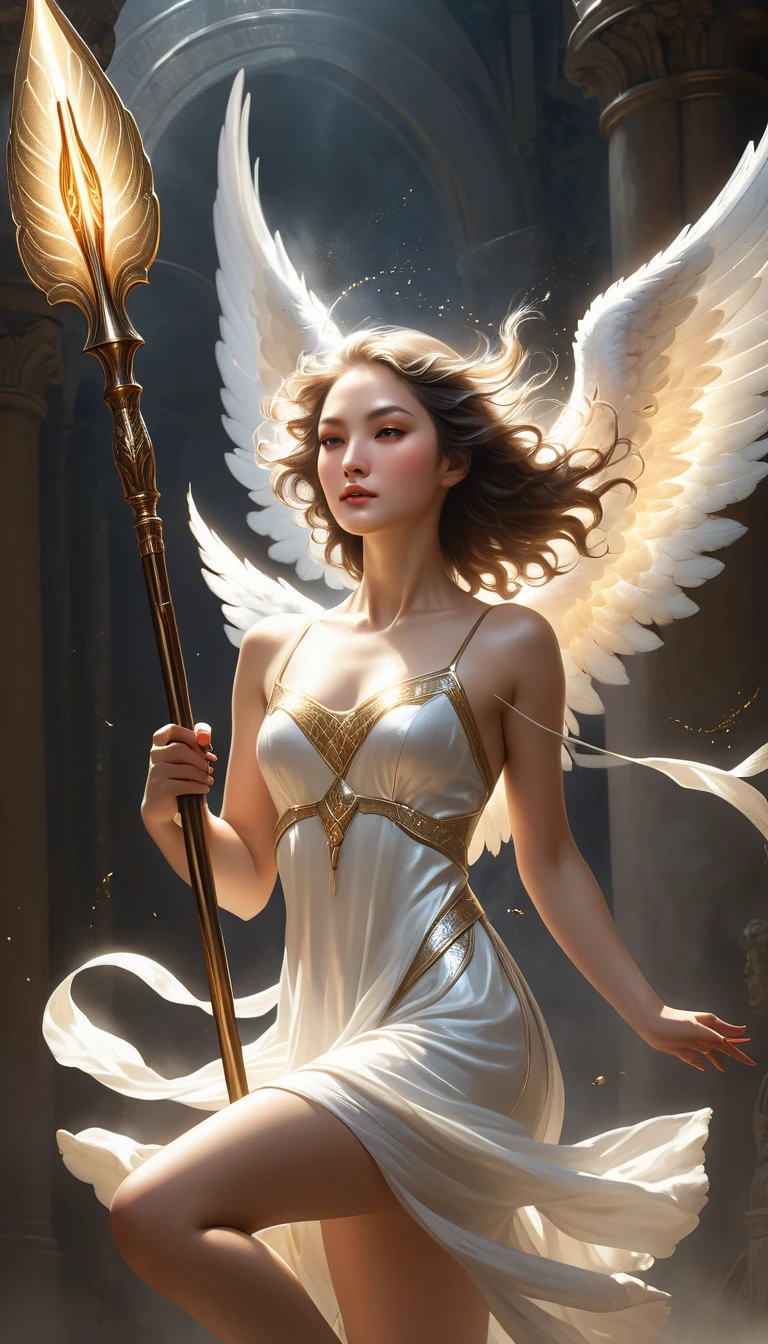 (Finest quality)),(超A high resolution),(ultra-detailliert),(Meticulous portrayal),((best pictures)),(Finest works of art),Ultra-Precision Art,The art of astounding depiction, Fantasyart:1.5, (A female angel swinging a spear:1.7),Beautiful and well-groomed face:1.5,(toned body:1.6), demon being purified:1.5 powerful light:1.5