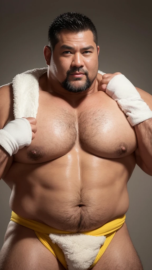 black hair, middle-aged man, individual, male, Muscular wrestler, muscular, Stout wrestler, Asian, Japanese, uncle, 55 year old middle-aged man, short hair, short hair, yellow wrestling boots, full body portrait, shadow, Vision, yellow briefs, obesity, 45 years old, short beard, middle-aged man, tattoo, fingerless gloves, Wheat skin, shiny skin, dark skin, Show your pectoral muscles, sumo wrestler, bodybuilder, wide temples, Visible abdominal muscles, Smile, Fine hands, solid color background, pure white background, Surrealism, Panorama, 8k, super detail,