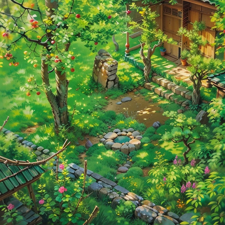 Hand painted illustration with marked strokes,mesa de marmol para jugar damas, en un patio trasero de una casa antigua japonesa, bajo un arbol de cerezos blanco, alfombra rija , isometric, vista aerea, close up,
