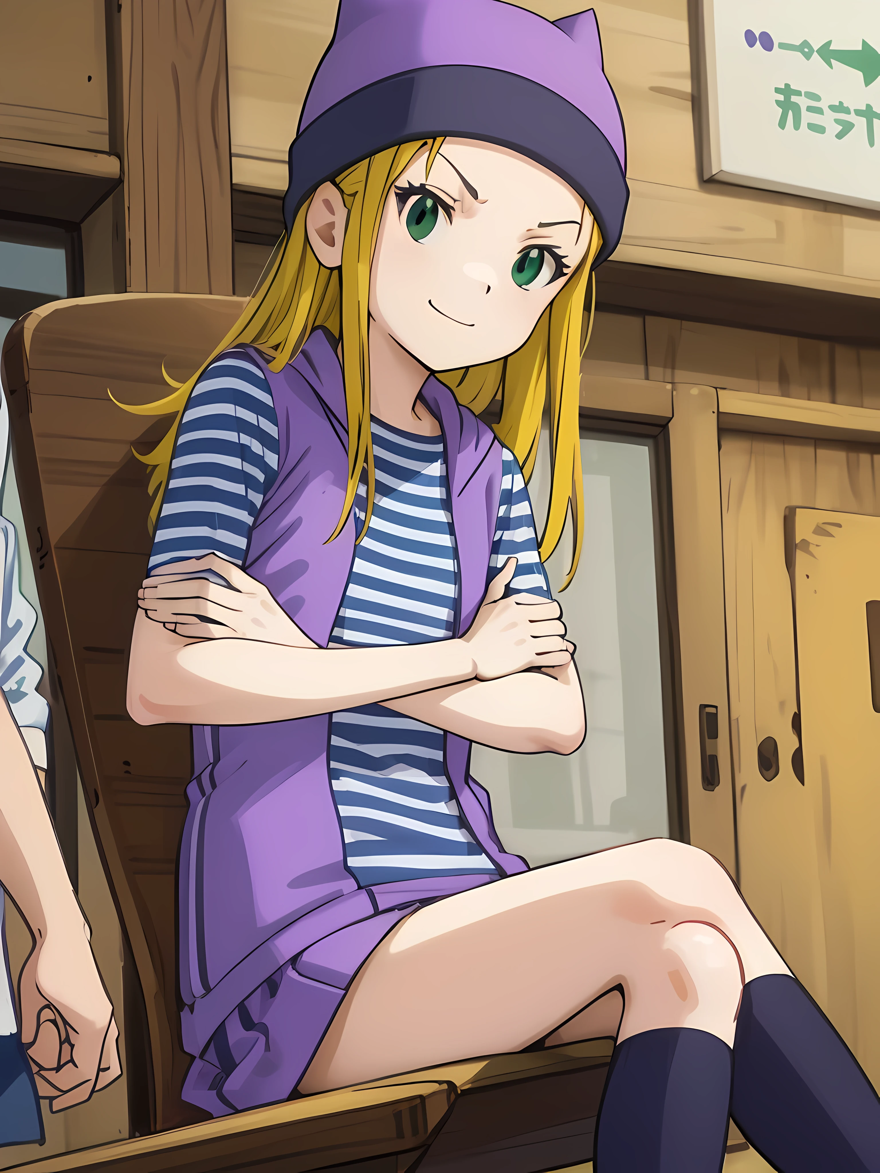 kotoriitsuka, izumi orimoto, long hair, (green eyes:1.5), blond hair, ahoge, (medium size breast:1.2),
BREAK (purple vest), ( blue white striped shirt), vest (purple vest), monocromatic clothes, purple beanie, purple vest, purple miniskirt, blue white striped shirt, long purple socks, sneakers, purple vest, striped shirt, beanie, cat hat
BREAK looking at viewer, (sitting:1.5), throne, from below, smile, angry, chair, crossed arms,
BREAK indoors,
BREAK (masterpiece:1.2), best quality, high resolution, unity 8k wallpaper, (illustration:0.8), (beautiful detailed eyes:1.6), extremely detailed face, perfect lighting, extremely detailed CG, (perfect hands, perfect anatomy),