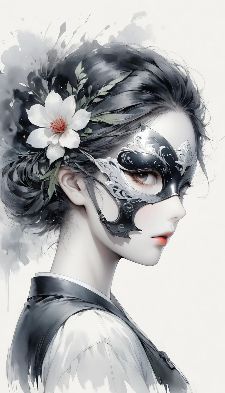 (Anime line drawing:1.5)，(black and white painting:1.45)，Minimalism，(line art:1.6)，sketch，Charcoal drawing，mask，flower