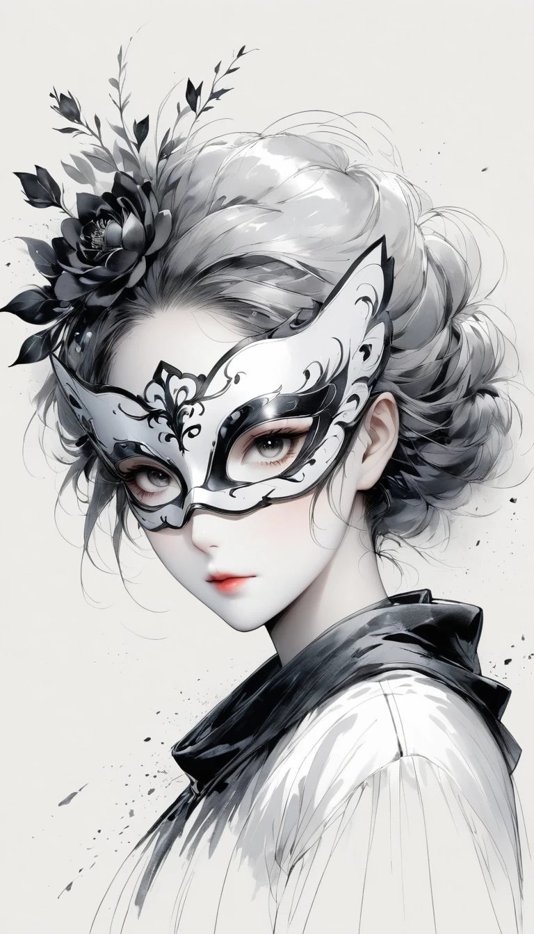 (Anime line drawing:1.5)，(black and white painting:1.45)，Minimalism，(line art:1.6)，sketch，Charcoal drawing，mask，flower