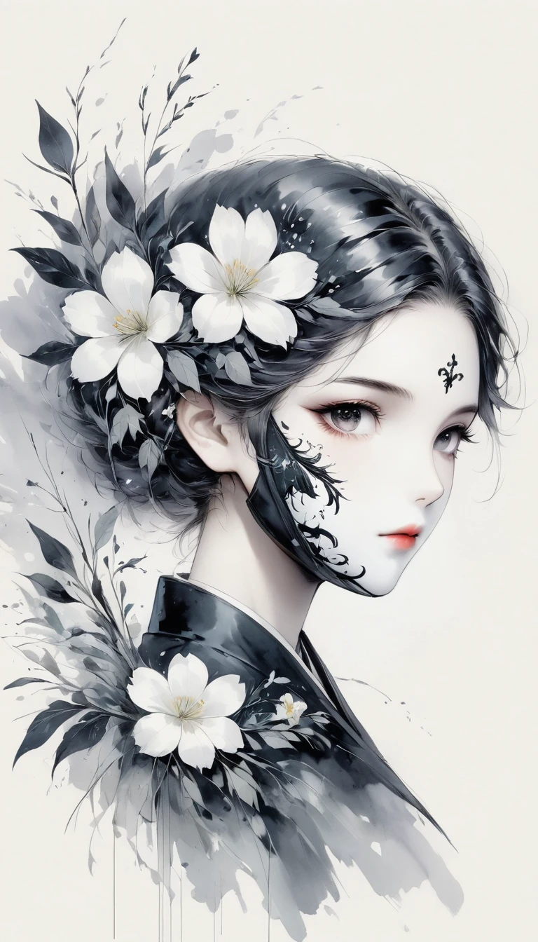 (Anime line drawing:1.5),(black and white painting:1.45),Minimalism,(line art:1.6),sketch,Charcoal drawing,mask,flower
