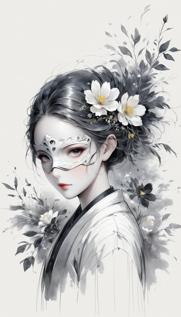 (Anime line drawing:1.5),(black and white painting:1.45),Minimalism,(line art:1.6),sketch,Charcoal drawing,mask,flower