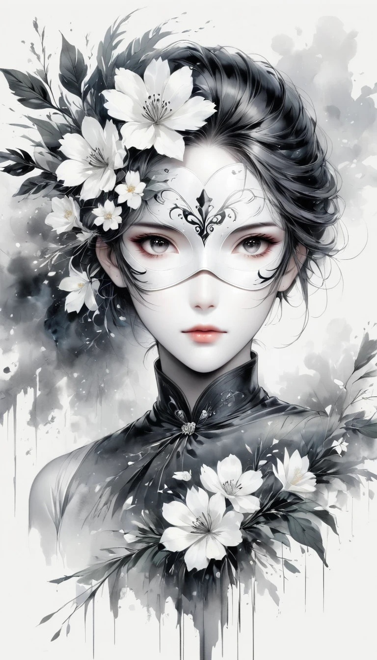 (Anime line drawing:1.5),(black and white painting:1.45),Minimalism,(line art:1.6),sketch,Charcoal drawing,mask,flower