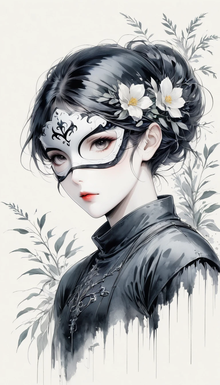 (Anime line drawing:1.5),(black and white painting:1.45),Minimalism,(line art:1.6),sketch,Charcoal drawing,mask,flower