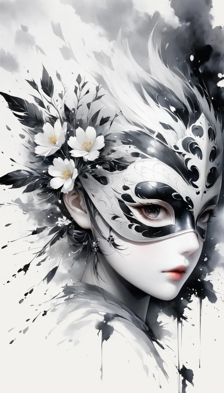 (Anime line drawing:1.5)，(black and white painting:1.45)，Minimalism，(line art:1.6)，sketch，Charcoal drawing，mask，flower