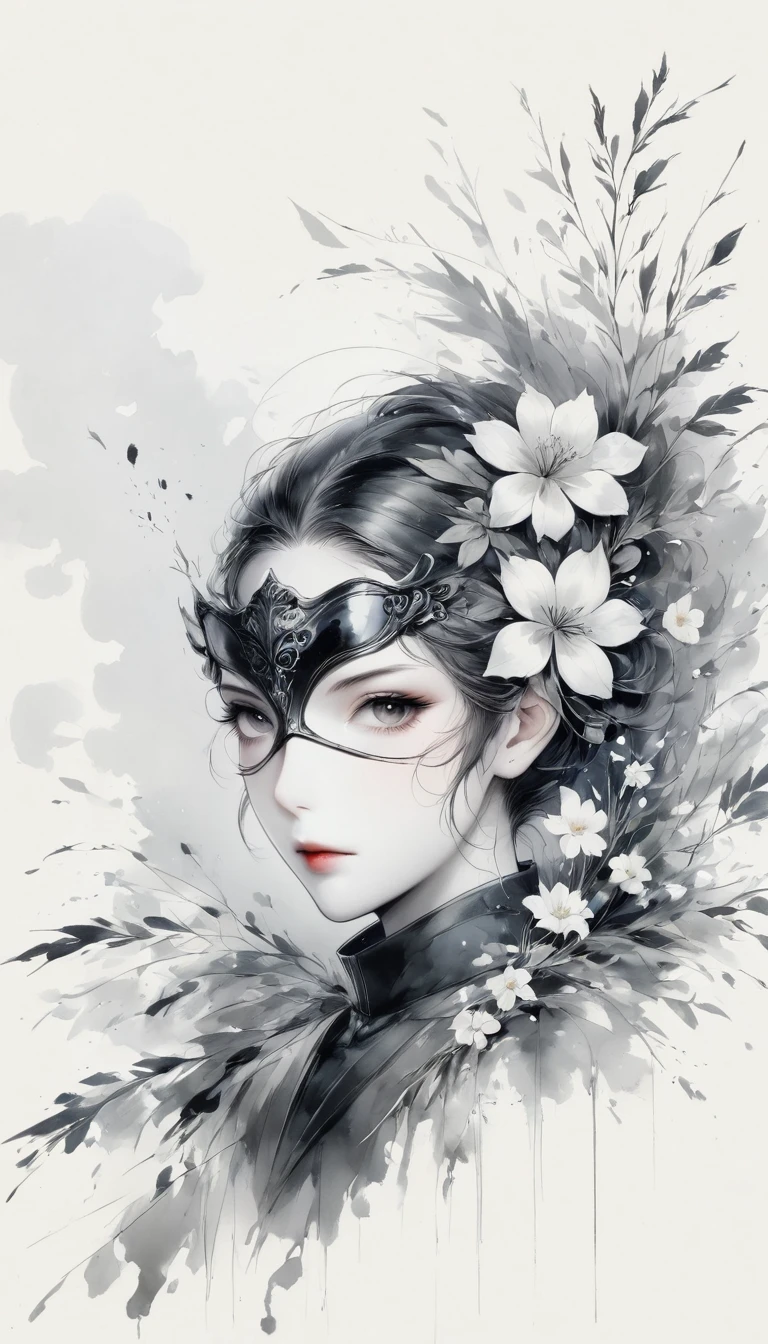 (Anime line drawing:1.5),(black and white painting:1.45),Minimalism,(line art:1.6),sketch,Charcoal drawing,mask,flower