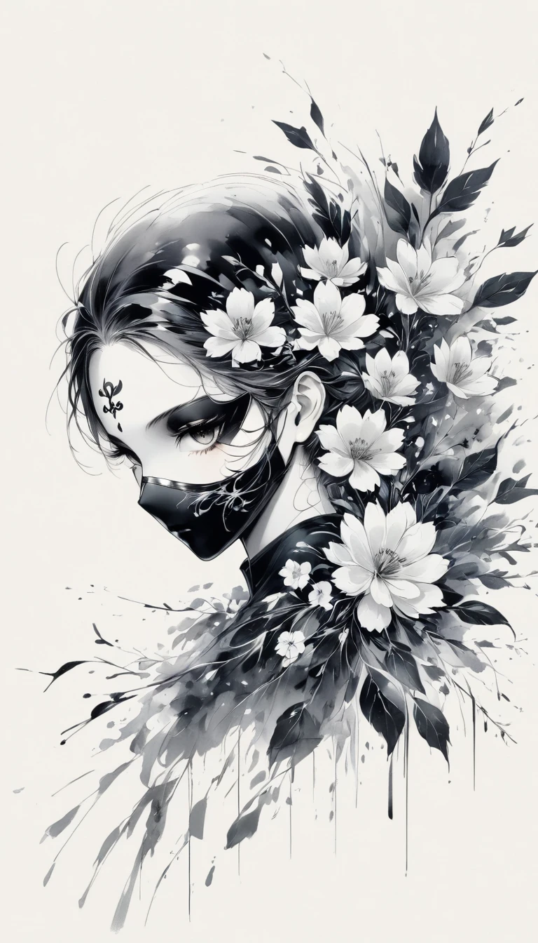 (Anime line drawing:1.5),(black and white painting:1.45),Minimalism,(line art:1.6),sketch,Charcoal drawing,mask,flower