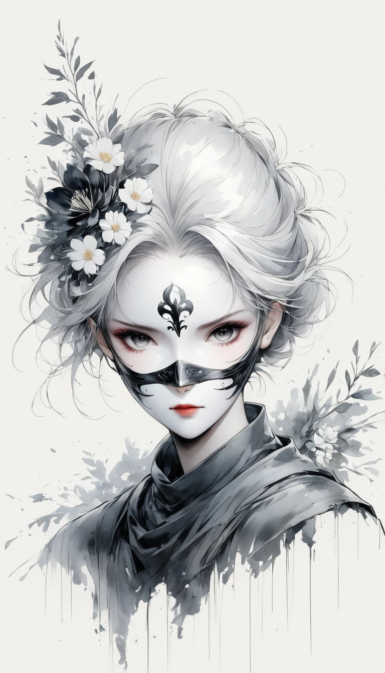 (Anime line drawing:1.5)，(black and white painting:1.45)，Minimalism，(line art:1.6)，sketch，Charcoal drawing，mask，flower