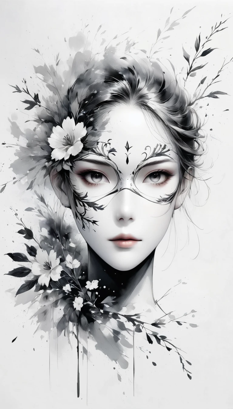 (Anime line drawing:1.5)，(black and white painting:1.45)，Minimalism，(line art:1.6)，sketch，Charcoal drawing，mask，flower