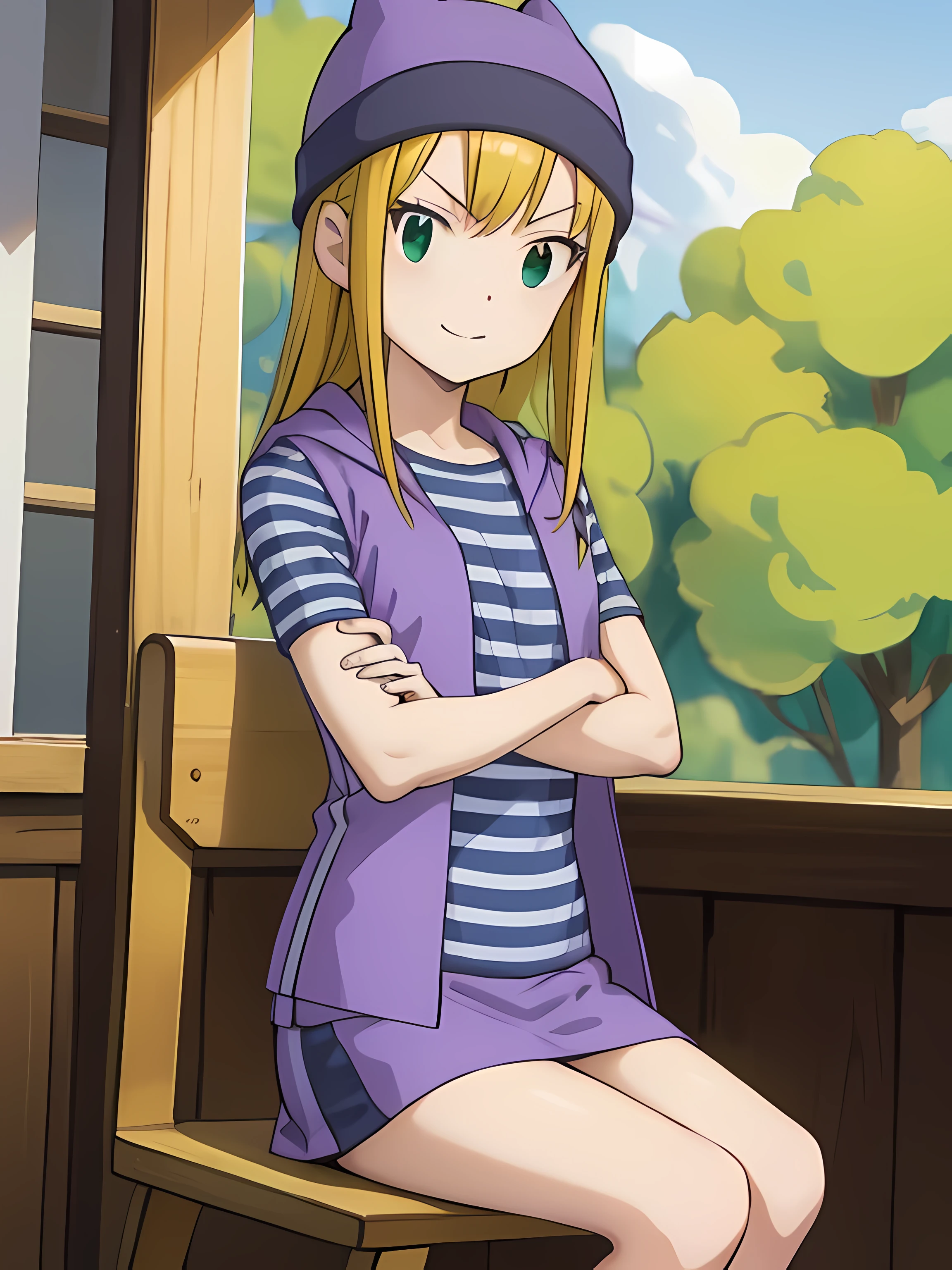 kotoriitsuka, izumi orimoto, long hair, (green eyes:1.5), blond hair, ahoge, (medium size breast:1.2),
BREAK (purple vest), ( blue white striped shirt), vest (purple vest), monocromatic clothes, purple beanie, purple vest, purple miniskirt, blue white striped shirt, long purple socks, sneakers, purple vest, striped shirt, beanie, cat hat
BREAK looking at viewer, (sitting:1.5), throne, from below, smile, angry, chair, crossed arms,
BREAK indoors,
BREAK (masterpiece:1.2), best quality, high resolution, unity 8k wallpaper, (illustration:0.8), (beautiful detailed eyes:1.6), extremely detailed face, perfect lighting, extremely detailed CG, (perfect hands, perfect anatomy),