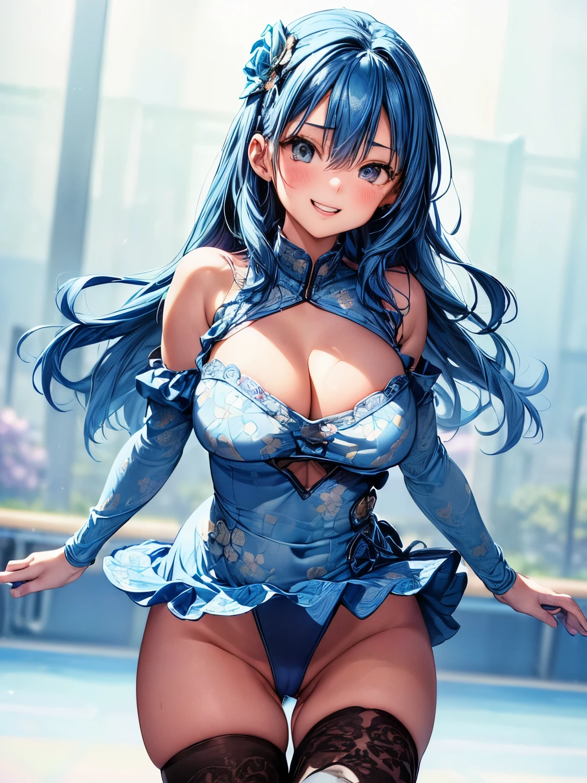 (((Skating rink:1.3)))、sexy woman、(Woman with blue hair)、straight hair woman、((Beautiful busty woman:1.3))、figure skater、 (A woman wearing a long-sleeved figure skating leotard with a blue frilly skirt)、((Leotard with floral pattern:1.2))、nice sexy body、one woman、Woman with a big smile、Skate boots