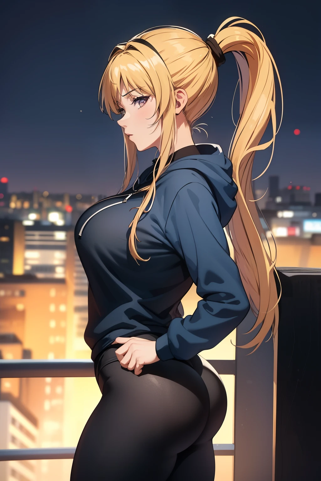 masterpiece, best quality, Kaori Saeki, ponytail, hair tie, blue hoodie, tight black yoga pants, athletic curves, tight ass, large breasts, huge breasts, looking at viewer, city background, cowboy shot