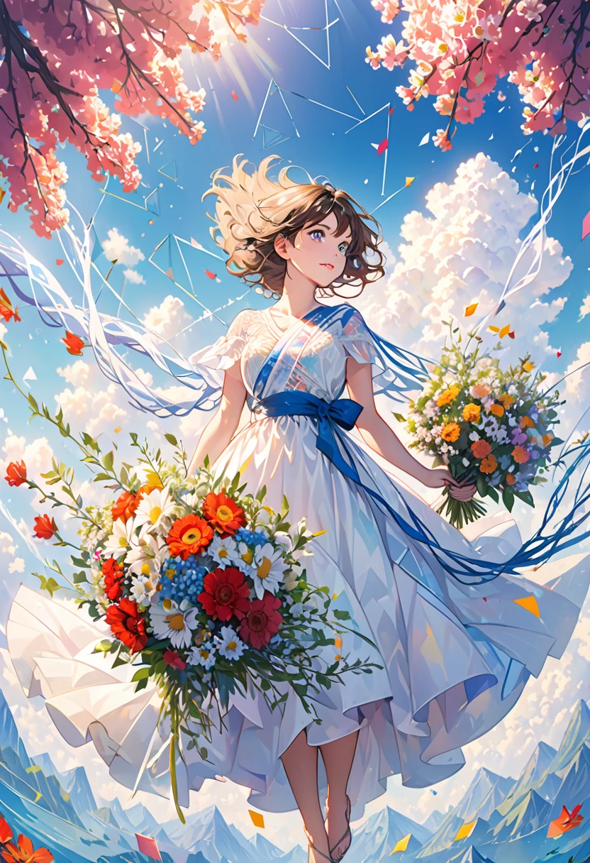 (ultra-detailed background, detailed background), disorganized, High resolution, super detailed, very detailed, 1 girl, (bouquet:1.3), (tangled:1.2), (geometric:1.2),(colorful),Beautiful nudes floating in the sky、full body、