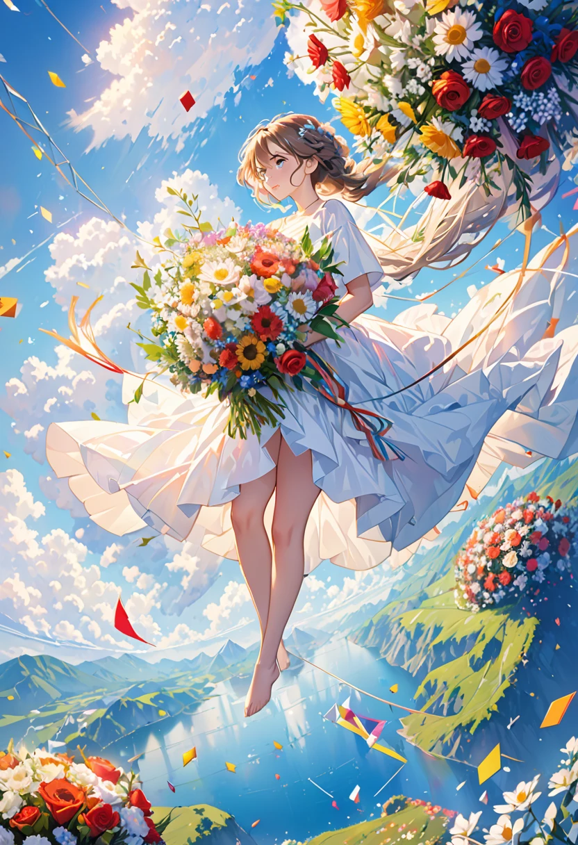 (ultra-detailed background, detailed background), disorganized, High resolution, super detailed, very detailed, 1 girl, (bouquet:1.3), (tangled:1.2), (geometric:1.2),(colorful),Beautiful nudes floating in the sky、full body、