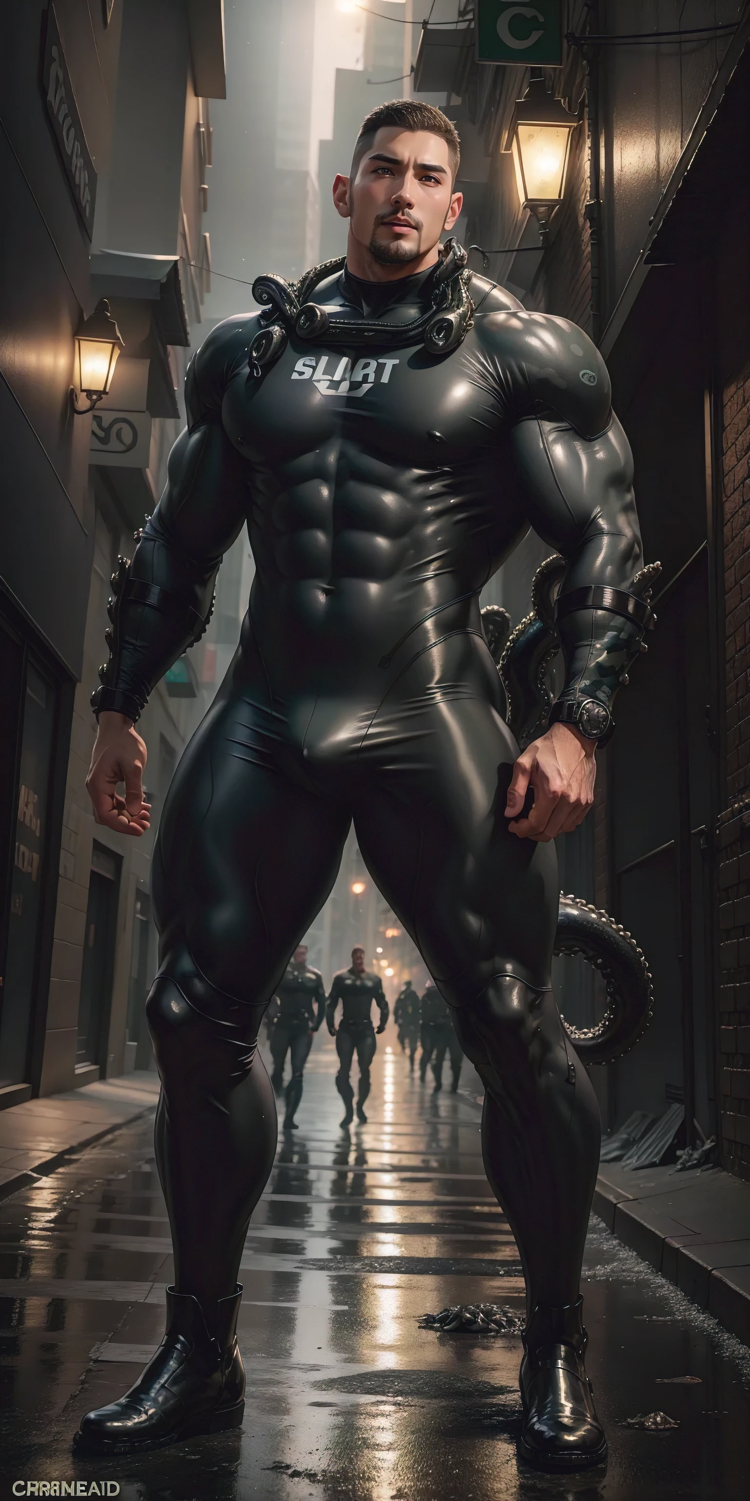 2 meters tall, Muscular man opens his mouth and screams., Light gray camouflage uniform, He is very tall, character idea（Resident Evil - Chris Redfield, chris redfield）Wearing a light gray camouflage wetsuit, A large number of thick tentacles emerged from the ground, Tangled tightly by thick octopus tentacles, regular symmetrical texture pattern, Standing on the street with octopus tentacles, Lots of slime octopus and sludge, A sad expression, Deep and charming eyes, Emerald Pupil Hero, heroic male pose, Tall and burly, muscular！Charming leg muscles, High, burly, Heqiang, Wearing a light gray camouflage wetsuit, Super gain and cool, high resolution committee, Big feet in black boots, Charming strong man, The bright sunshine is shining on you, matte particles, shiny texture