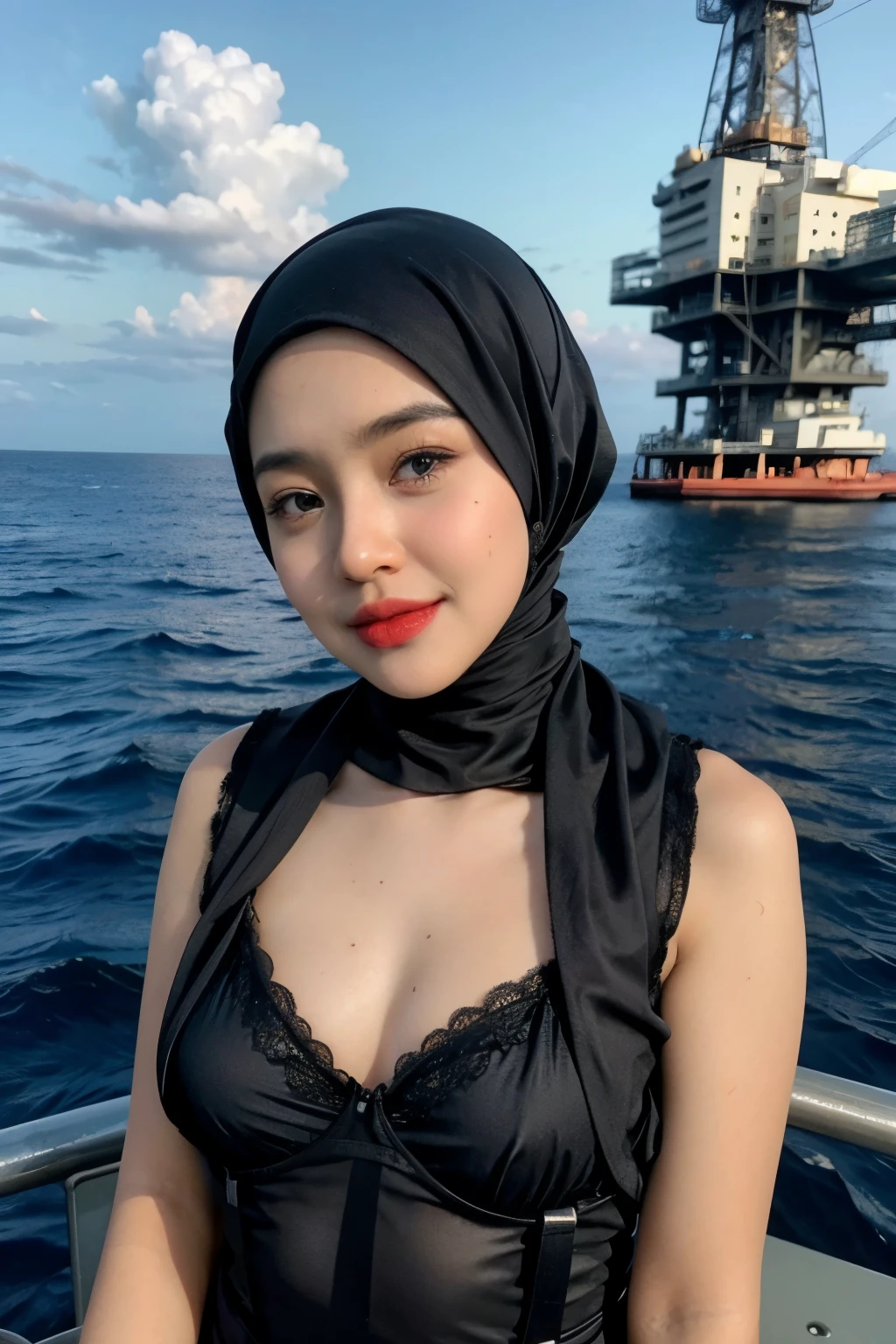 (Wearing Lingerie Top Suspender), (((HIJAB MALAY GIRL))), masutepiece, High quality, UHD 32K, Realistic face, Realistic skin feeling , A Japanese Lady, 8 years old, , Very cute and baby-like face, (((FLAT CHEST))), (MATRIX WORLD), ((look In front  at the camera and SADNESS)), (((CUTE GIRL))), ((RED LIPS)), ((CHUBBY)), (undress, work welding iron on the oil rig , oil rig in the middle of the ocean 