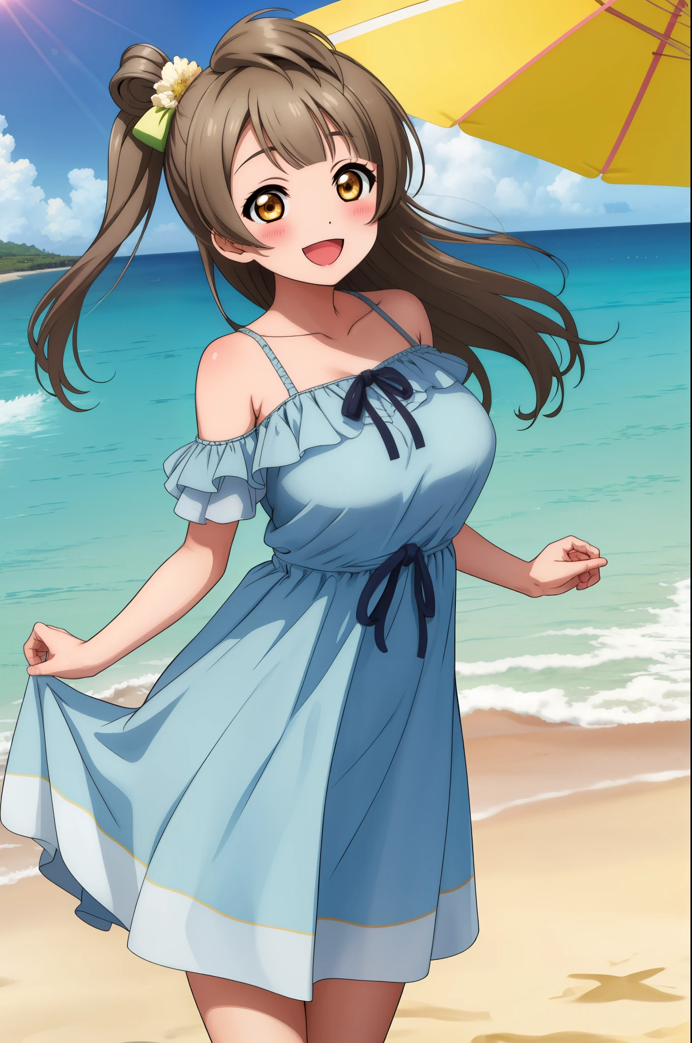 Standing,(loose summer dress), cowboy shot, (big breasts:0.8),minami kotori ,solo, smile,:D, blushing, beach 