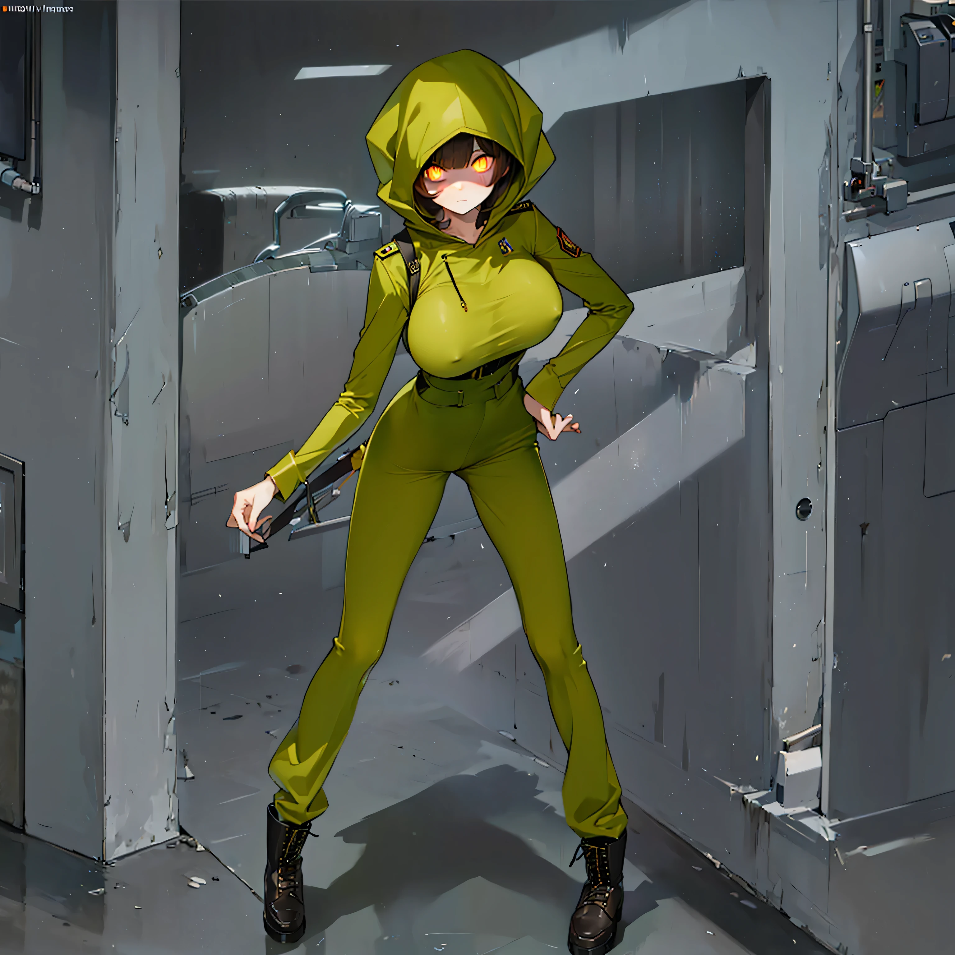 (solo cute girl standing in trench:1.3), (light brown hair:1.2) , (very long legs), (skinny long legs), (very short torso), swaying back, BREAK, (open legs:1.2), tiptoe, pigeon toed, BREAK, (bouncing unaligned large breasts:1.2), perky breasts, thin waist, BREAK, (dark brown military uniform:1.4), (hood covers face), trousers, military boots, BREAK, nose blush, looking at viewer, BREAK, (glowing golden eyes:1.6), BREAK, (wire entanglement fence in background), BREAK, (masterpiece, best quality, ultra-detailed:1.5), (nsfw:0.8), coverd erectile nipples, cameltoe