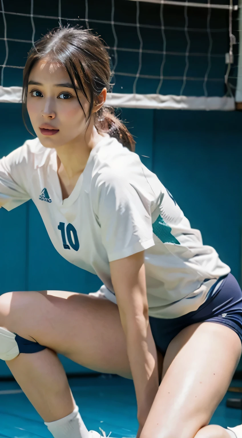 NSFW, ((full_body_shot:1.6)), ((Low Full Body Shot:1.4, Rounded ass, butt crack、thighs、turn around)),  (full body portrait, Show off your shoes), (This is a very delicate and beautiful work.), ((masterpiece)), (highest quality), athlete body, one woman, (volleyball uniform:1.4), (indoor_volleyball_court_background:1.4), (sexually excited face:1.4), ((dynamic pose:1.4)), high nose bridge, hair cut at the shoulder,((fair skin:1.4,  years olSweaty and wet body)), bright lighting, Natural light, realistic lighting, nice lips, Ultra-fine painting, delicate face, delicate figure, (Depth of the bounds written:1.2), style, super detailed, (realistic, photograph_realistic:1.4), Physically based rendering, perfect white balance, professional color grading, 8K, Raw photograph, color photograph, product photographgraphy.