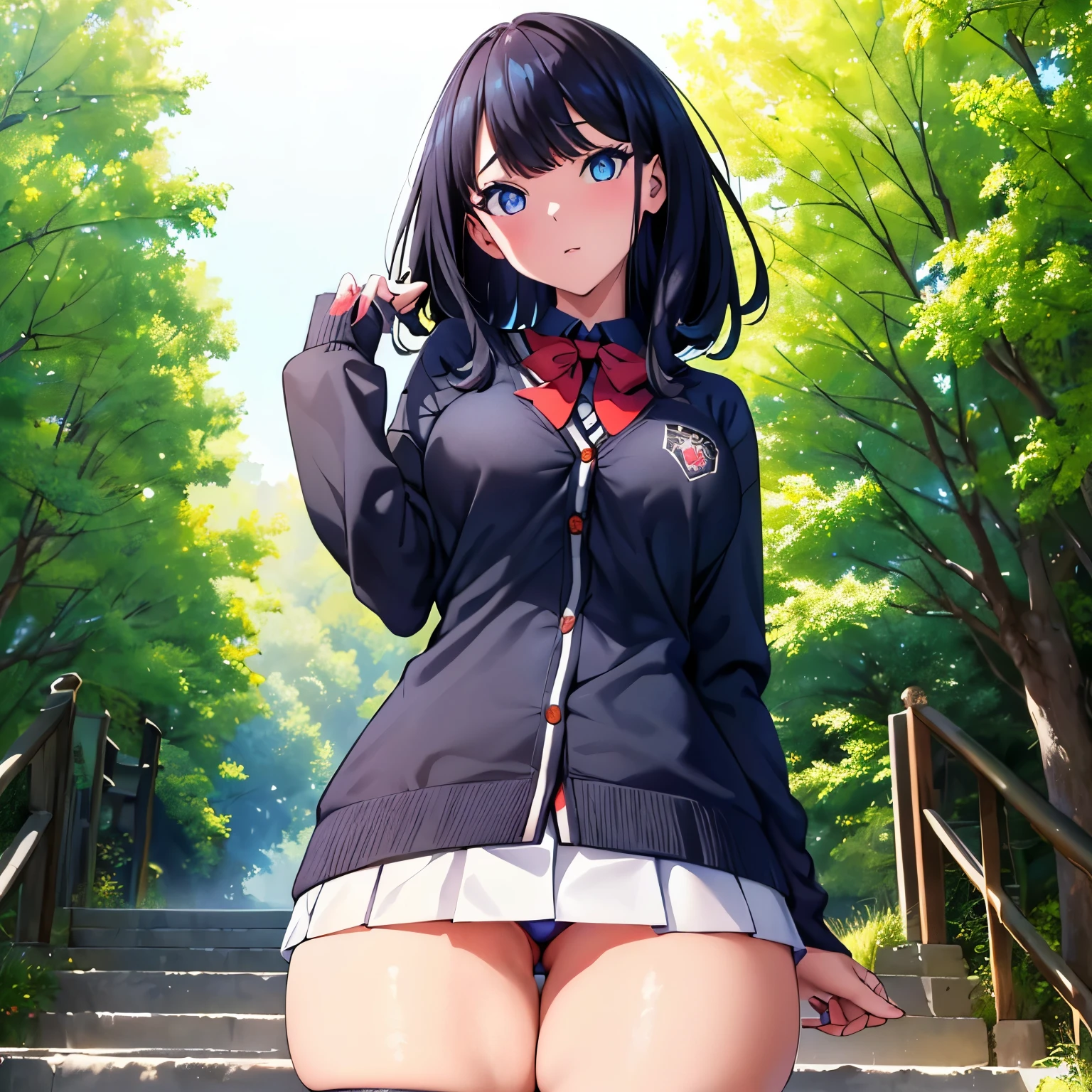 masterpiece, highest quality, High resolution,takarada rikka,1 girl, black hair,blue eyes,white cardigan,red ribbon,black mini skirt,sexy pose,looking at the viewer,,in the center of the image, (lively_color:1.2) (beautiful_medium breasts:1.3), (beautiful_face:1.4),(slim_waist),(beautiful_thighs:1.5),