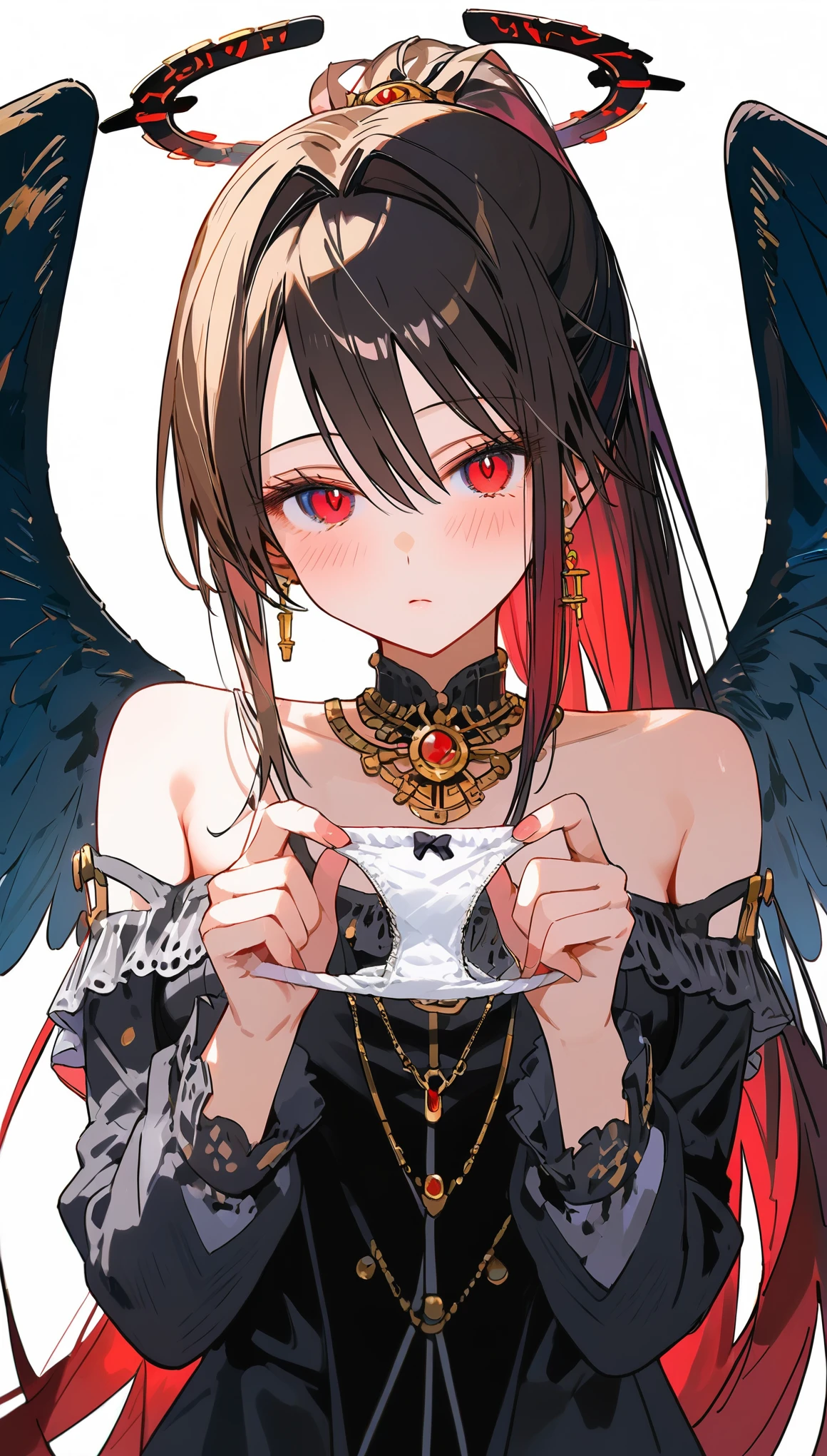 Very detailed eyes and face, Beautiful and delicate eyes, Ridiculous, incredibly ridiculous, File size is huge, Super detailed, high resolution, Very detailed, Dark Fallen Angel Olivia, Spread own's fingers,(holding up panties around fingers),high ponytail