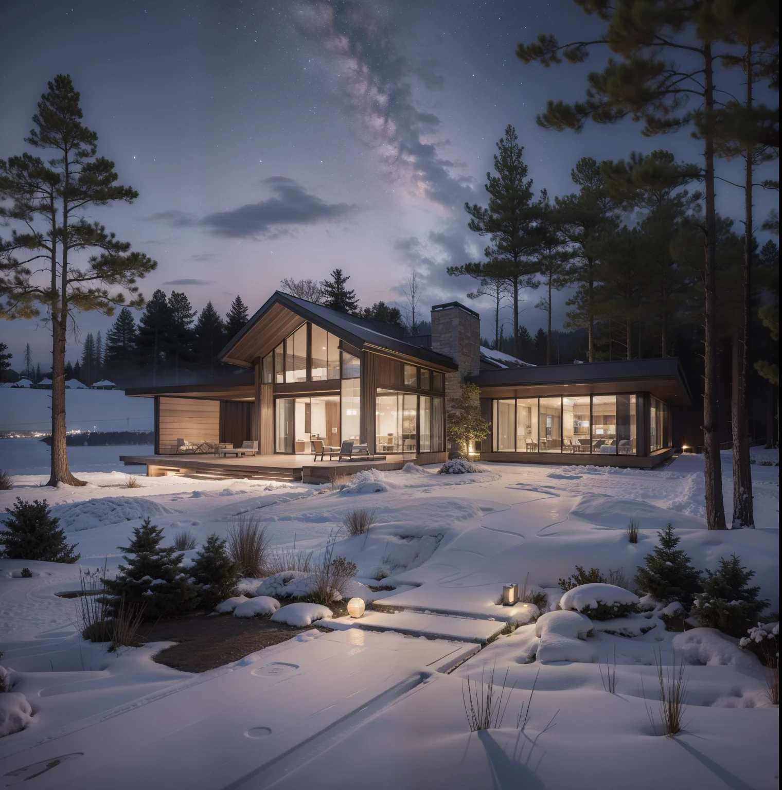 RAW photo, subject, 8k uhd, dslr, soft lighting, high quality, film grain, Fujifilm XT3, Realistic, Masterpiece, A modern architecture, simply facade, walkway, pine tree, road, stone, glassese window, daylight, clear sky, Forest in the distance, riverbank, nature stone,