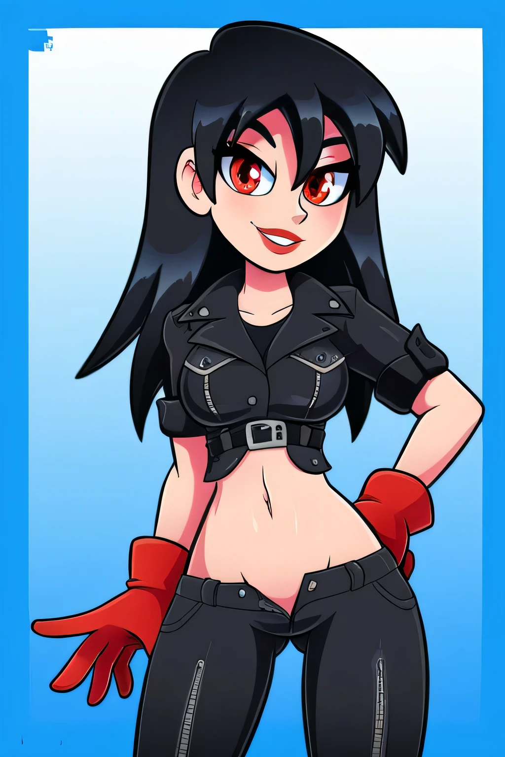 A tall sexy girl with long black hair and red eyes wears a white button-down shirt tied with a knot and shows her navel and her black leather miniskirt and puts on a red glove and smiles happily. 