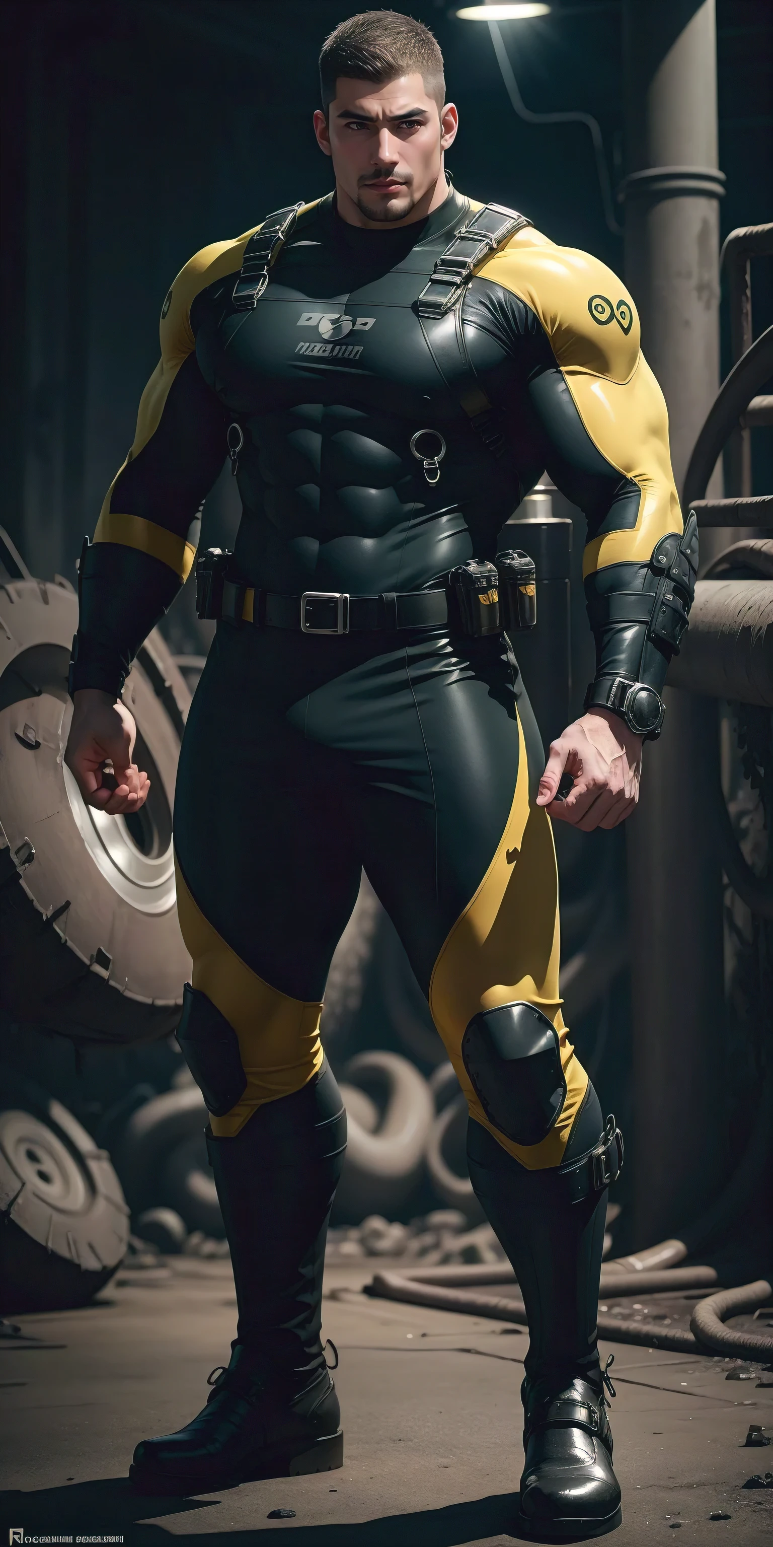 2 meters tall, Muscular man opens his mouth and screams., Dark yellow diving suit, He is very tall, character idea(Resident Evil - Chris Redfield, chris redfield)Wearing a light gray camouflage wetsuit, regular symmetrical texture pattern, Standing on the street with octopus tentacles, Lots of slime octopus and sludge, A sad expression, Deep and charming eyes, Emerald Pupil Hero, heroic male pose, Tall and burly, muscular!Charming leg muscles, High, burly, Heqiang, A dark yellow diving suit, Super gain and cool, high resolution committee, Big feet in black boots, Charming strong man, The bright sunshine is shining on you, matte particles, shiny texture, from below