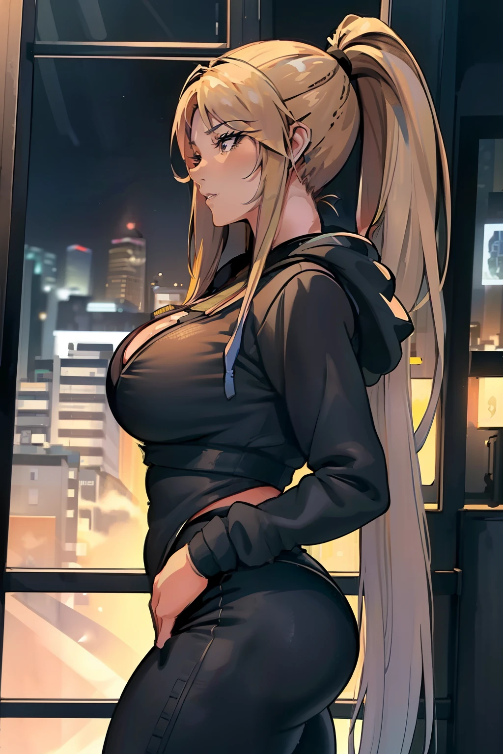 masterpiece, best quality, Kaori Saeki, ponytail, hair tie, blue hoodie, tight black yoga pants, athletic curves, tight ass, large breasts, huge breasts, looking at viewer, city background, cowboy shot