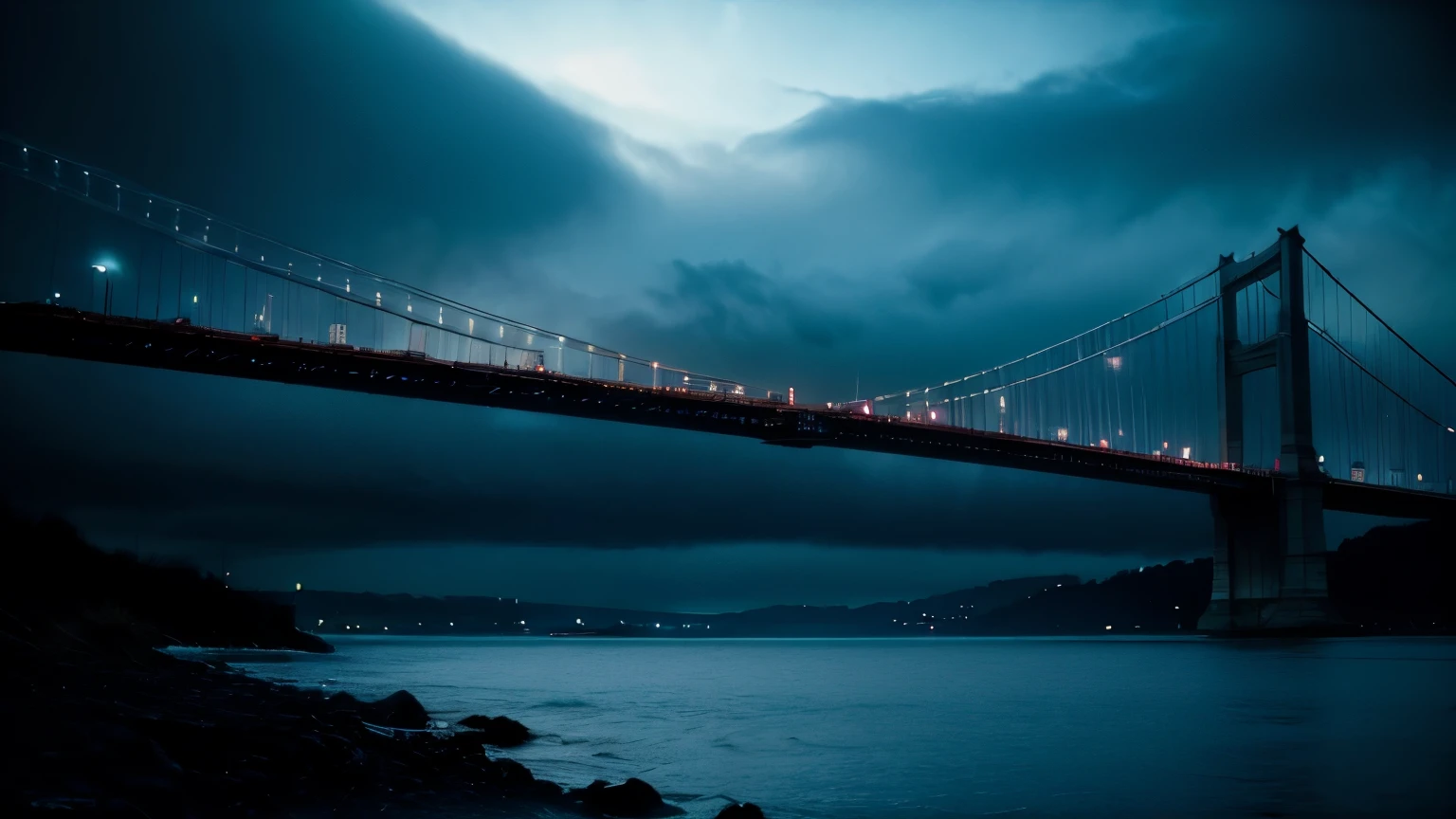 tech noir, masterpiece, best quality, 8k wallpaper, super detailed, low saturated colors, Simple and neat design, Dark and moody atmosphere, breathtakingly beautiful, subtle accent light, background only, Sea of clouds and suspension bridge, Suspension bridge covered in clouds
