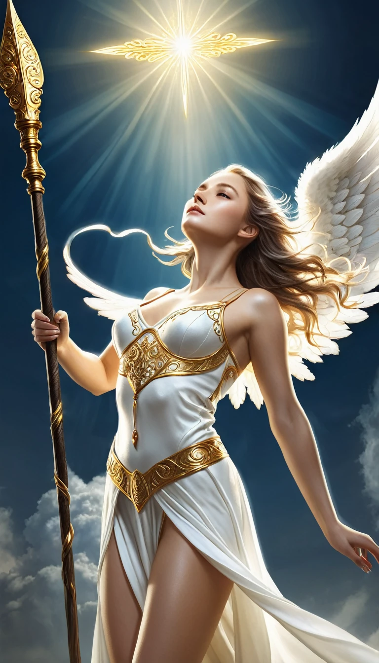 (Finest quality)),(超A high resolution),(ultra-detailliert),(Meticulous portrayal),((best pictures)),(Finest works of art),Ultra-Precision Art,The art of astounding depiction, Fantasyart:1.5, (A female angel swinging a spear:1.7),Beautiful and well-groomed face:1.5,(toned body:1.6), demon being purified:1.5 powerful light:1.5